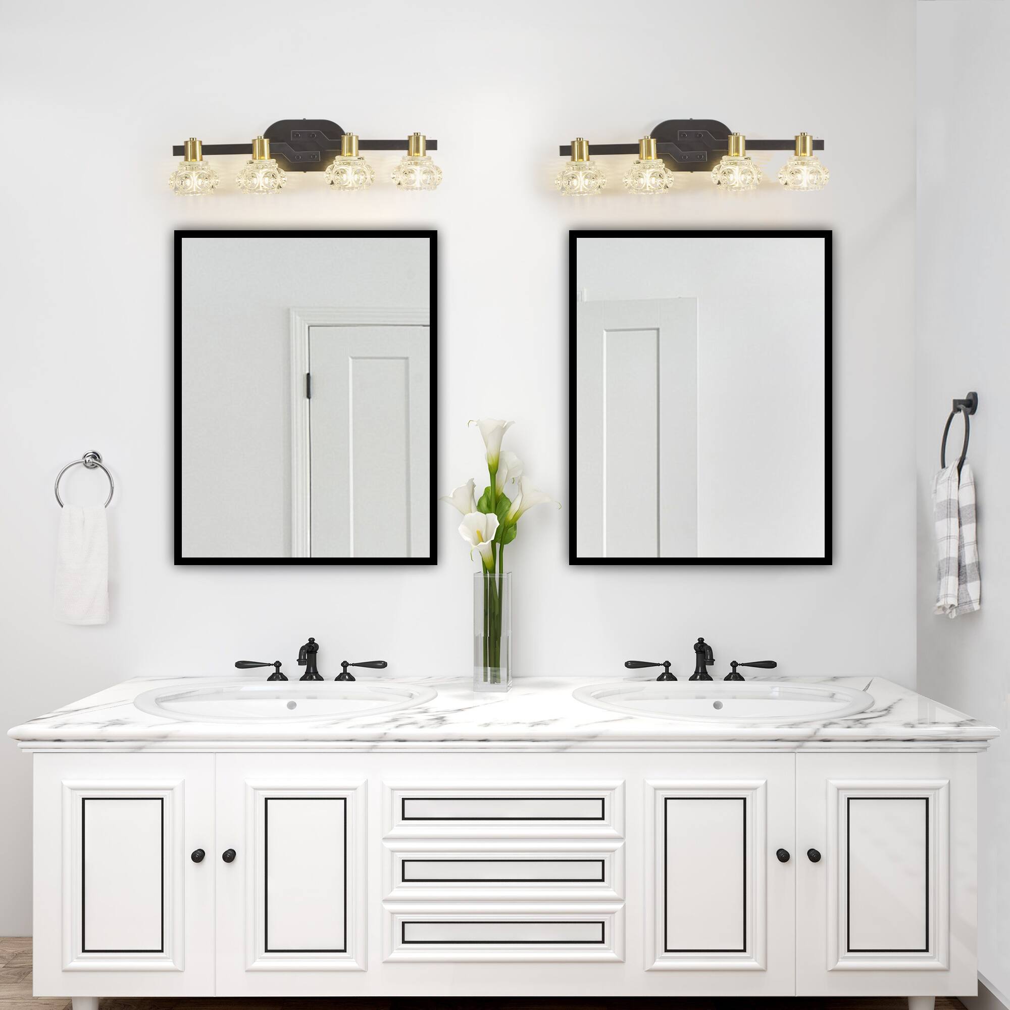 Alt View 2. Akoasm - 24in. Vintage 4-Light Wall Sconce with Clear Crystal Shades, Matte Black & Gold Finish for Bathroom Vanity Lighting.