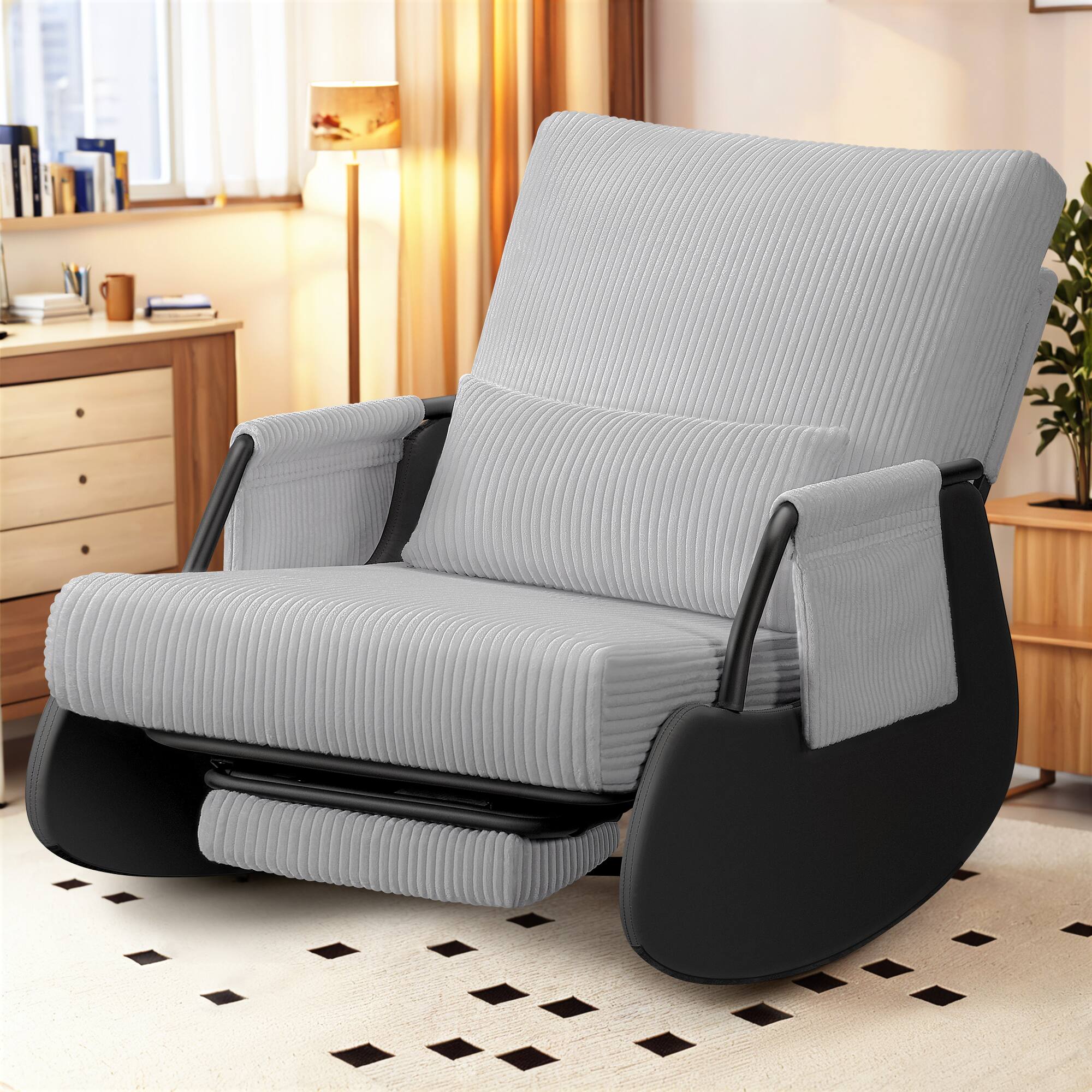 Alt View 3. KERDOM - Corduroy Rocking Chair with Footrest, Cover Washable, Upholstered Cradle Armchair Nap Recliner Glider Chair with Ottoman - Grey.