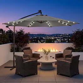 LAUSAINT HOME - 10 ft Offset Patio Umbrella LED Lights Cantilever Outdoor Easy Tilt Crank Deck Poolside Backyard - Gray
