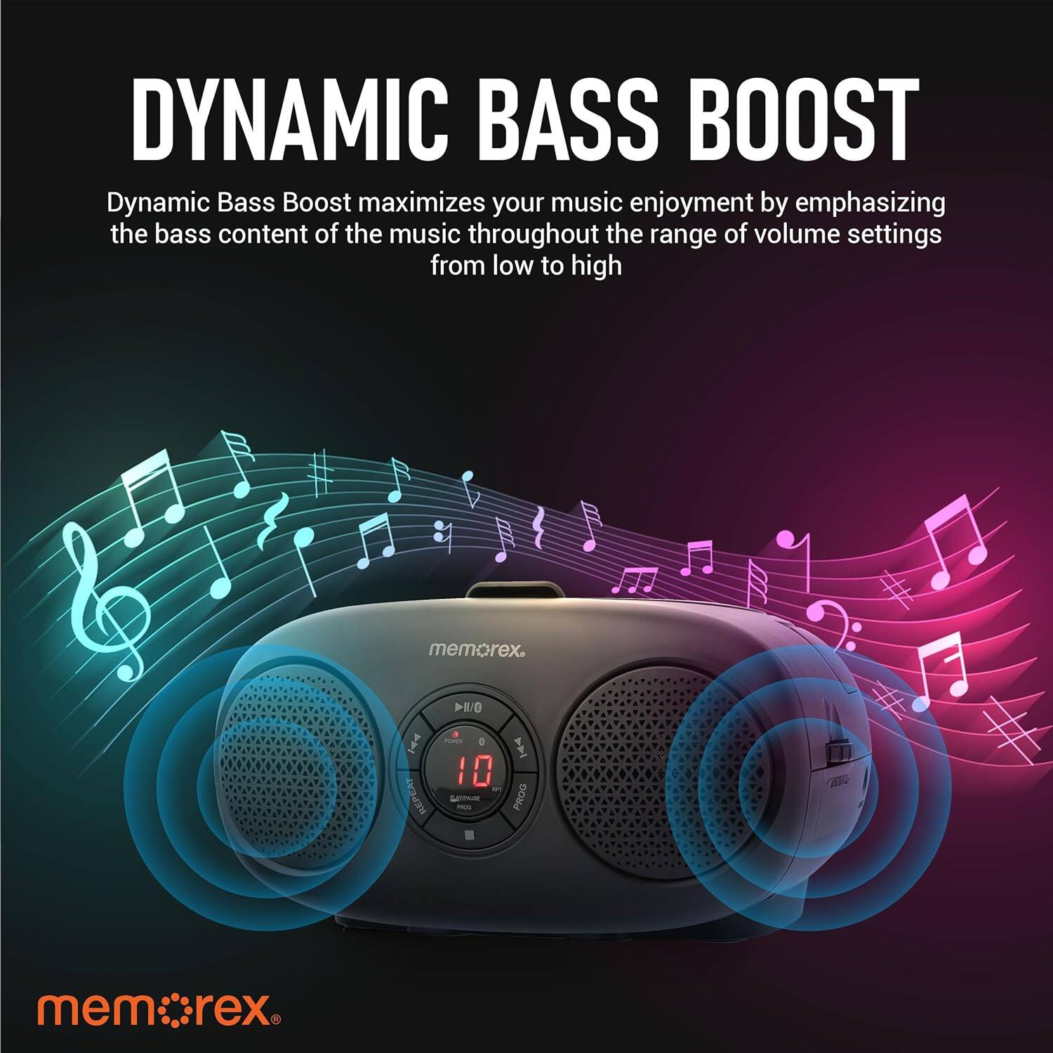 DYNAMIC BASS BOOST Dynamic Bass Boost maximizes your music enjoyment by emphasizing the bass content of the music throughout the range of volume settings from low to high memorex. >1/0 I REPEAT - 0 0 - PU I PROG mem:crex. rex.