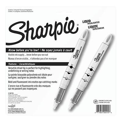 **Sharpie Liquid Highlighter**

**Know before you're low!**  
**Ne soyez jamais à court**

**Visible ink supply...**  
**Niveau d'encre visible...**

**Features / Caractéristiques**  
- **Versatile chisel tip is perfect for highlighting, underlining or writing notes**  
  - **La pointe biseautée polyvalente est idéale pour surligner, souligner ou prendre des notes**

- **Bold and fluorescent ink creates eye-catching marks**  
  - **L'encre vive et fluorescente crée des marques qui ne passent pas inaperçues**

**2108714**  
**AP 21641**  
**3**

**Newell AP**  
**© 2015 Newell Brands, Inc.**  
**Made in China**
