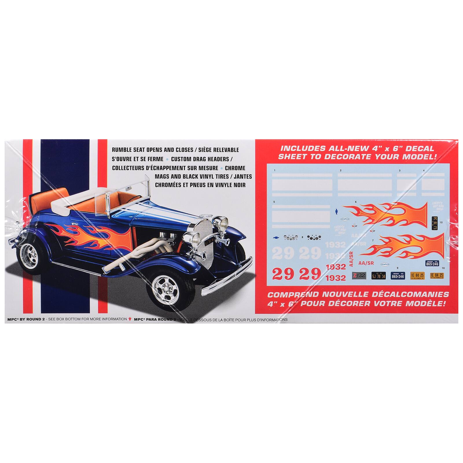 RUMBLE SEAT OPENS AND CLOSES / SIÈGE RELEVABLE S'OUVRE ET SE FERME  
CUSTOM DRAG HEADERS / COLLECTEURS D'ÉCHAPEMENT SUR MESURE  
CHROME MAGS AND BLACK VINYL TIRES / JANTES CHROMÉES ET PNEUS EN VINYLE NOIR  

INCLUDES ALL-NEW 4" X 6" DECAL SHEET TO DECORATE YOUR MODEL!  
COMPREND NOUVELLE DÉCALCOMANIES 4" X 6" POUR DÉCORER VOTRE MODÈLE!  

MPC BY ROUND 2 - SEE BOX BOTTOM FOR MORE INFORMATION  
MPC PARA ROUND 2 - DESSOUS DE LA BOITE POUR PLUS D'INFORMATION