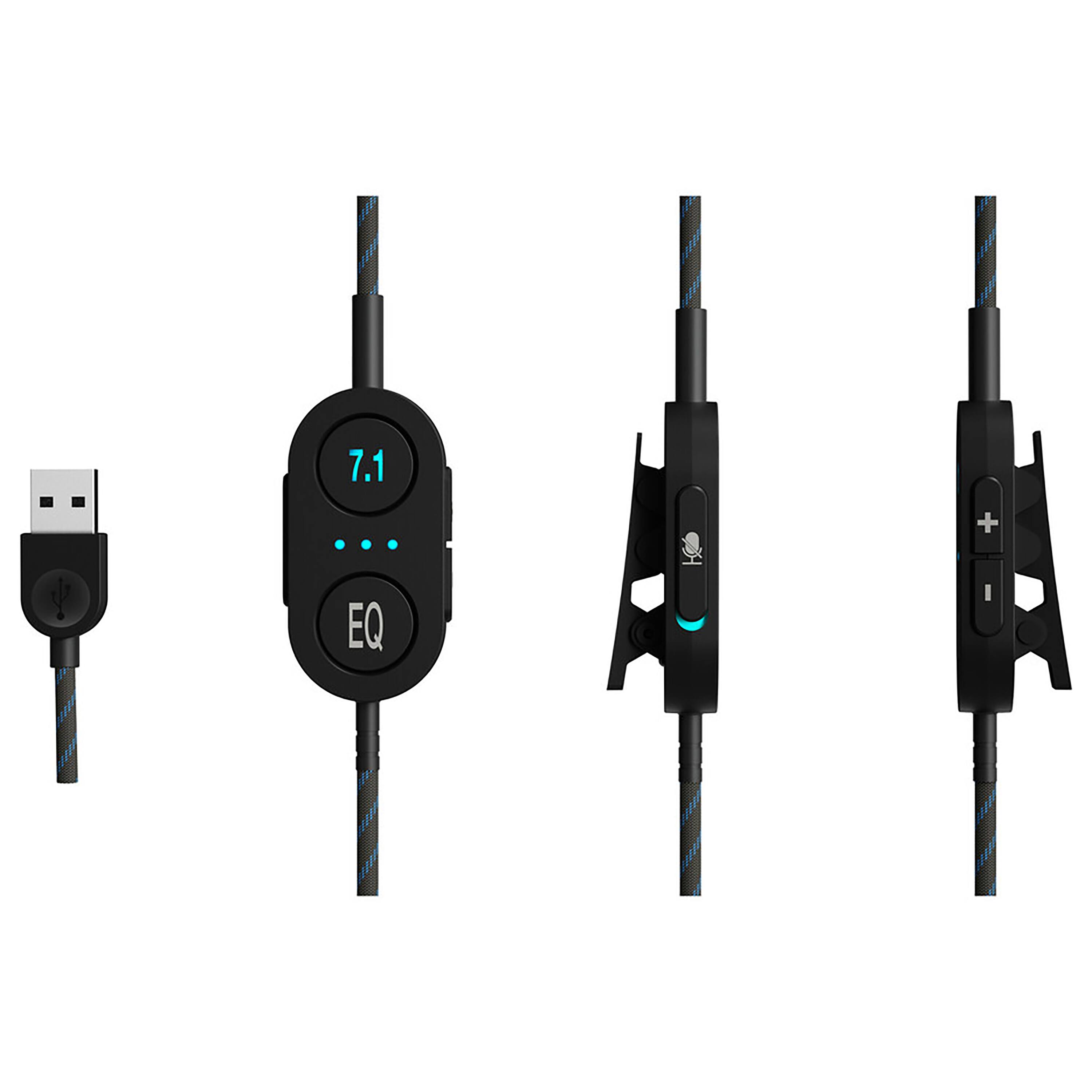 The image shows four black electronic devices with cords attached to them. The devices are labeled with the numbers 7.1, 7.1, 7.1, and 7.1, indicating that they are all the same model. The devices are likely used for audio or video purposes, as they are connected to cords and have a USB plug.