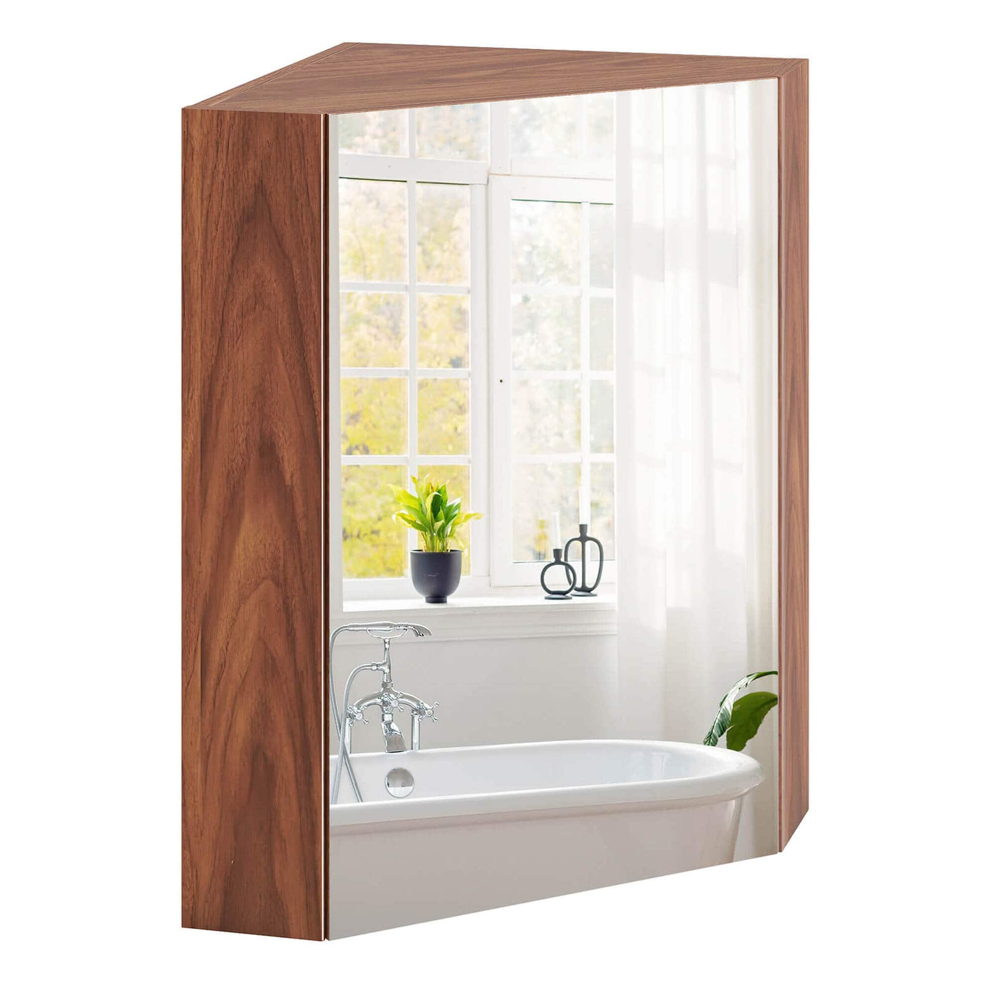 Costway - 23.5" Wall Mounted Storage Organizer Corner Medicine Cabinet with Mirror - Brown