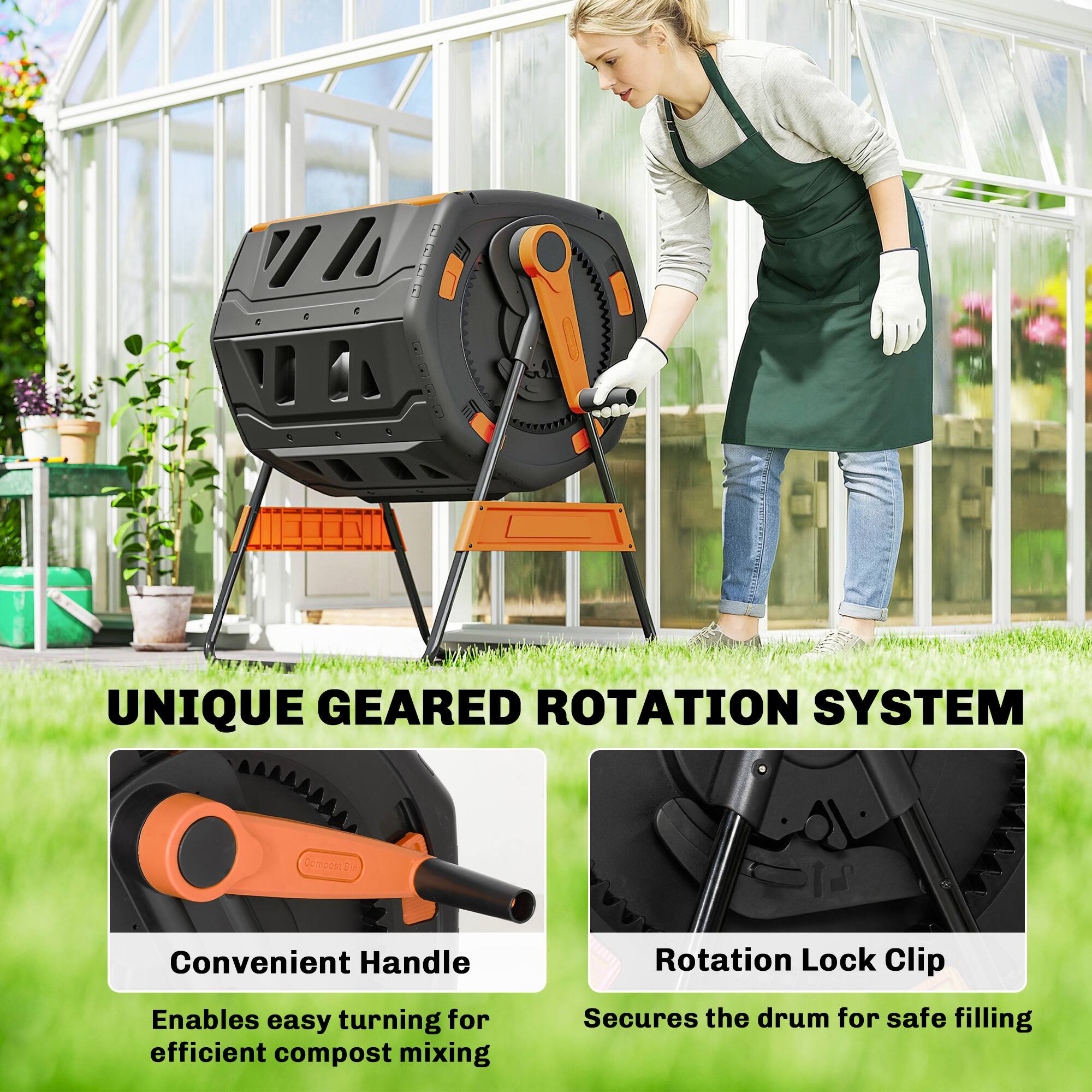 UNIQUE GEARED ROTATION SYSTEM

Convenient Handle
Enables easy turning for efficient compost mixing

Rotation Lock Clip
Secures the drum for safe filling