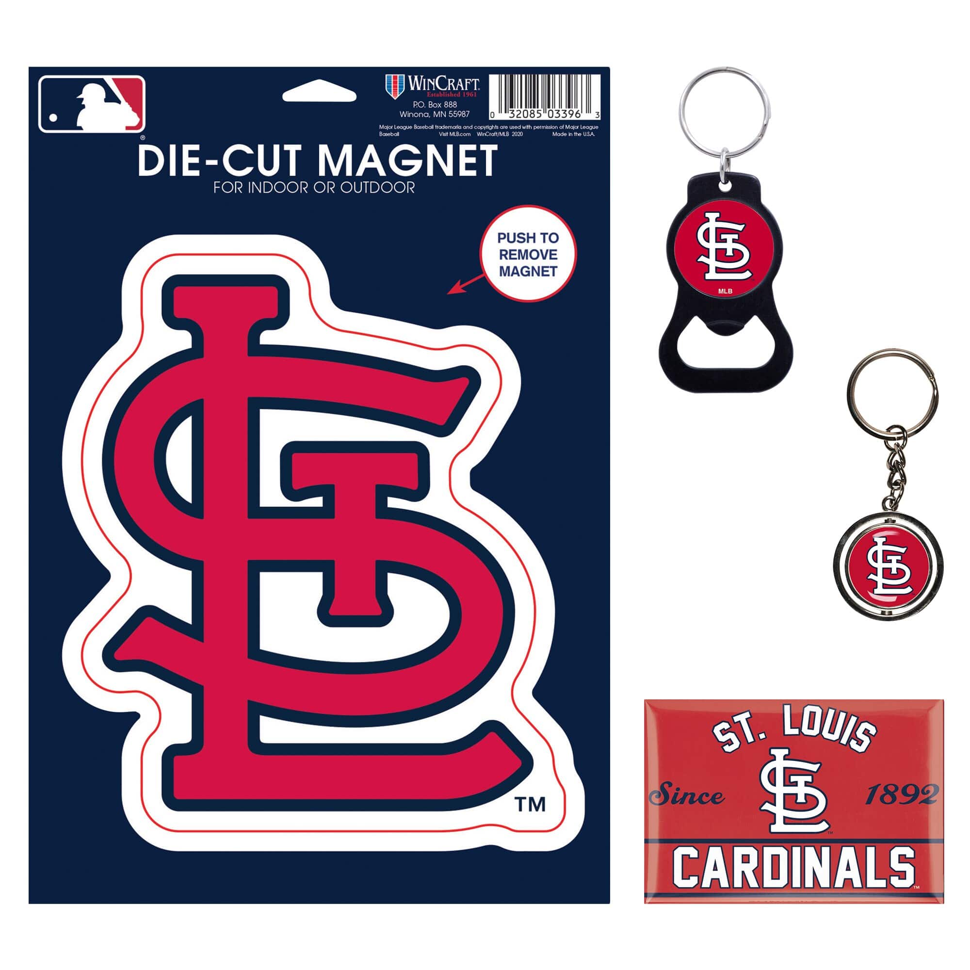 WINCRAFT  
PO Box 888  
Winona, MN 55987  
MAJOR LEAGUE BASEBALL® Official Licensed Product  

DIE-CUT MAGNET  
FOR INDOOR OR OUTDOOR  

PUSH TO REMOVE MAGNET  

ST. LOUIS  
Since 1892  
CARDINALS  

TM
