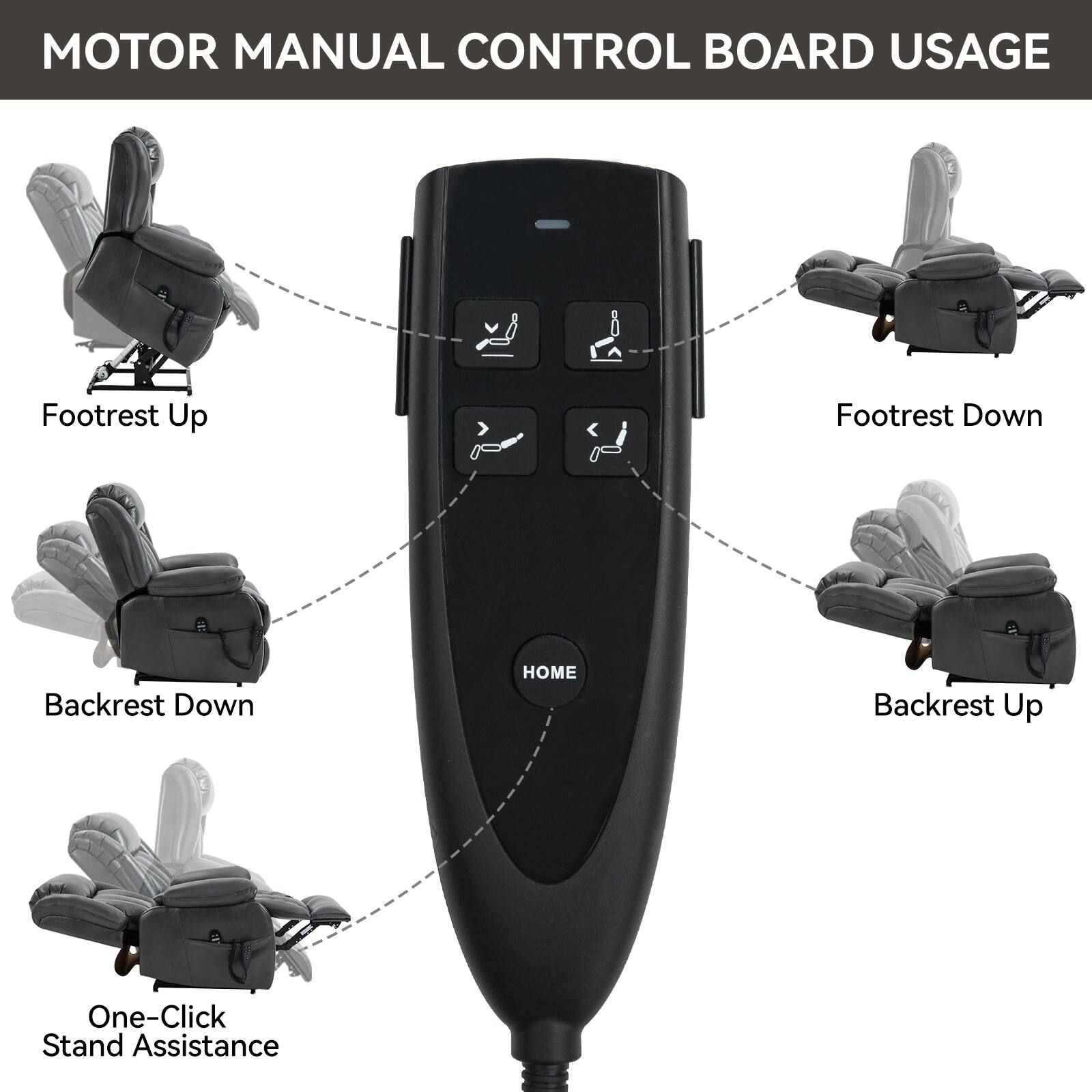 MOTOR MANUAL CONTROL BOARD USAGE

- Footrest Up
- Footrest Down
- Backrest Down
- Backrest Up
- HOME
- One-Click Stand Assistance