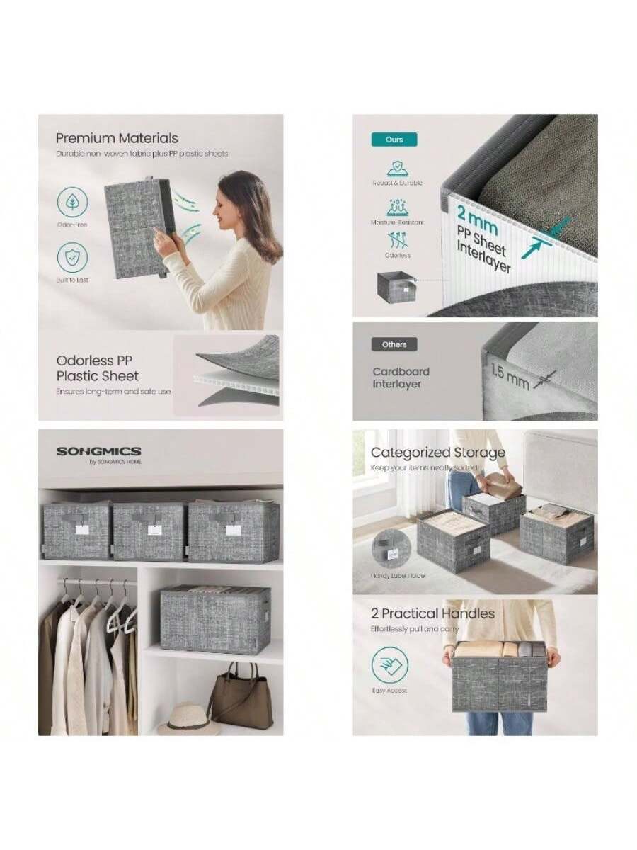 Premium Materials  
Durable non-woven fabric plus PP plastic shoots  
Odorless  
Built to last  

Odorless PP Plastic Sheet  
Ensures long-term and safe use  

SONGMICS  
by SONGMICS HOME  

Ours  
2 mm PP Sheet Interlayer  
Odorless  
Categorized Storage  
Keep your items neatly sorted  

Others  
1.5 mm Cardboard Interlayer  

2 Practical Handles  
Effortlessly pull and carry  
Easy Access