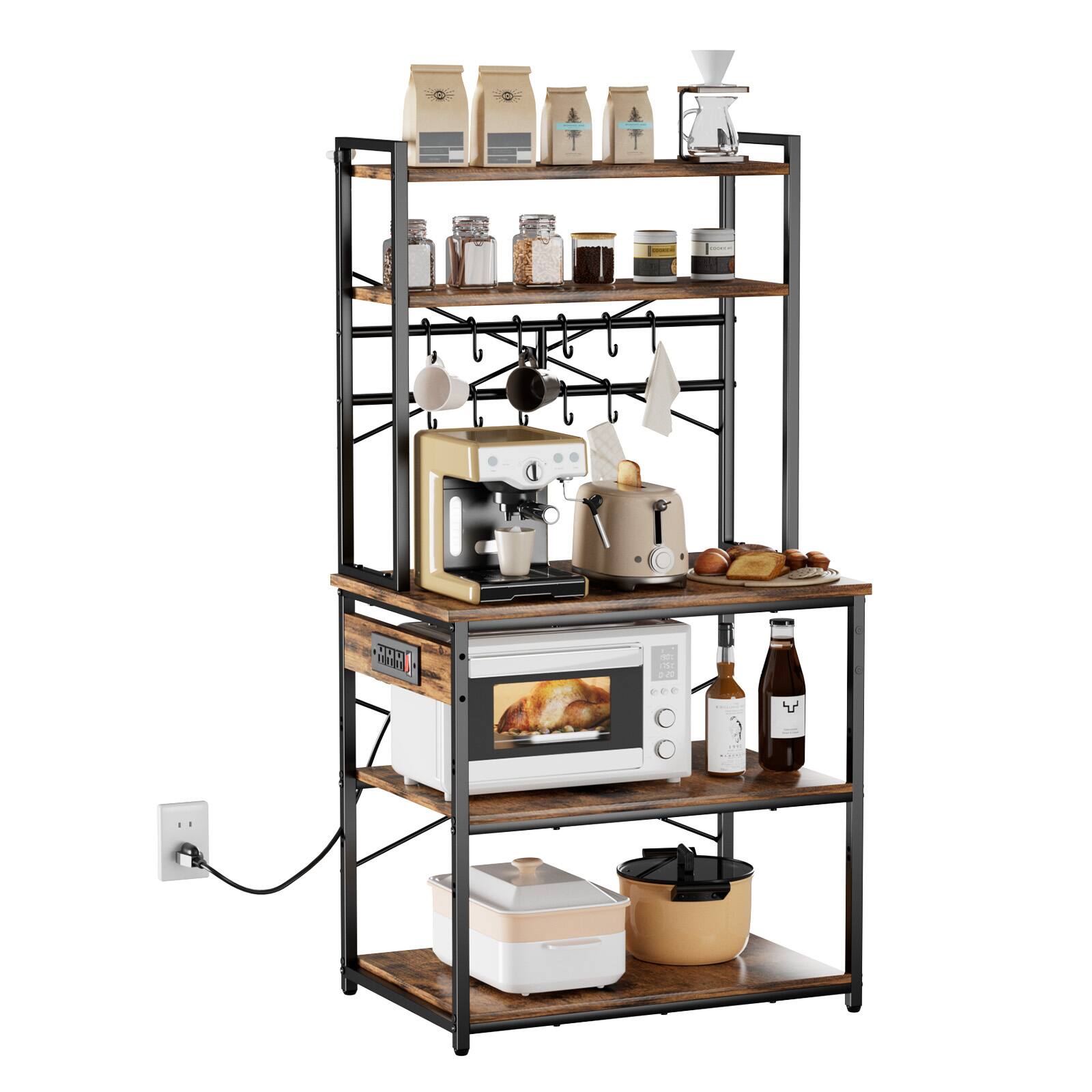 Alt View 5. VEVOR - Kitchen Bakers Rack, 5 ft Power Cable Bakers Rack with Power Outlet, Kitchen Stand with X-Shaped Support Bar - Vintage Brown Wood + Black Iron Tube.