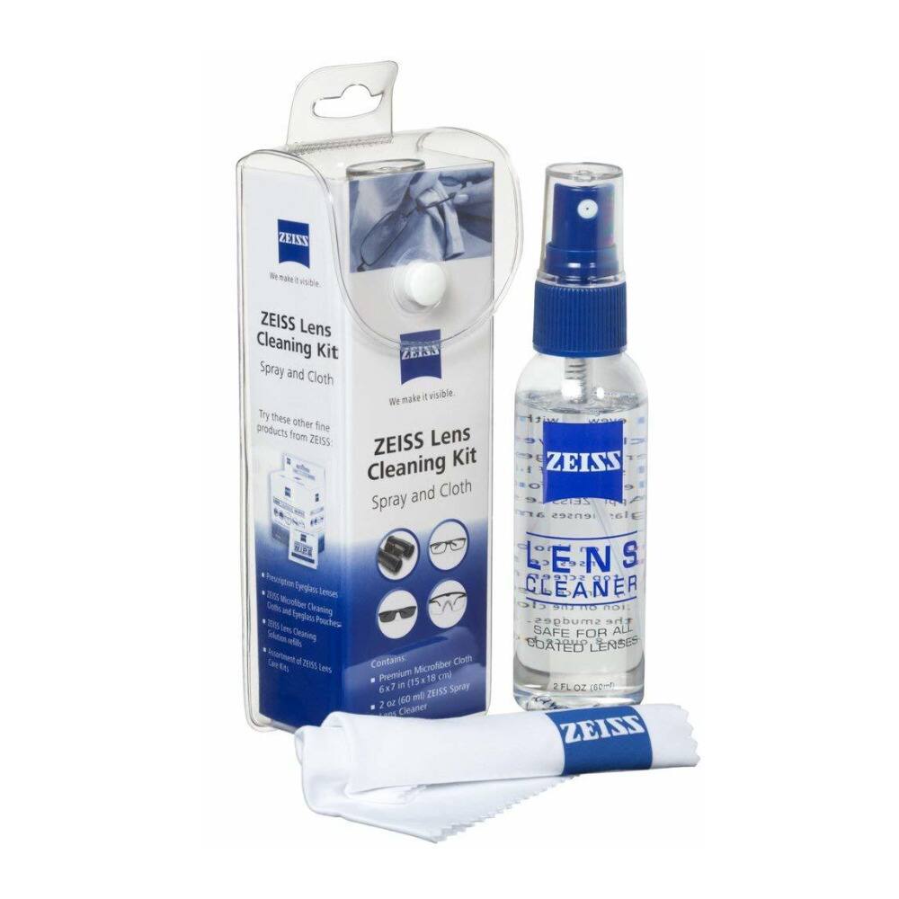 ZEISS Lens Cleaning Kit  
Spray and Cloth  

We make it visible  

Try these other fine products from ZEISS:  

- Premium Microfiber Cloth  
- 6 x 7 in (15 x 18 cm)  
- 2 oz (60 ml) ZEISS Lens Cleaner  

Contains:  
- Premium Microfiber Cloth  
- 6 x 7 in (15 x 18 cm)  
- 2 oz (60 ml) ZEISS Lens Cleaner  

ZEISS Lens Cleaner  
Safe for all coated lenses  

2 FL OZ (60 ml)