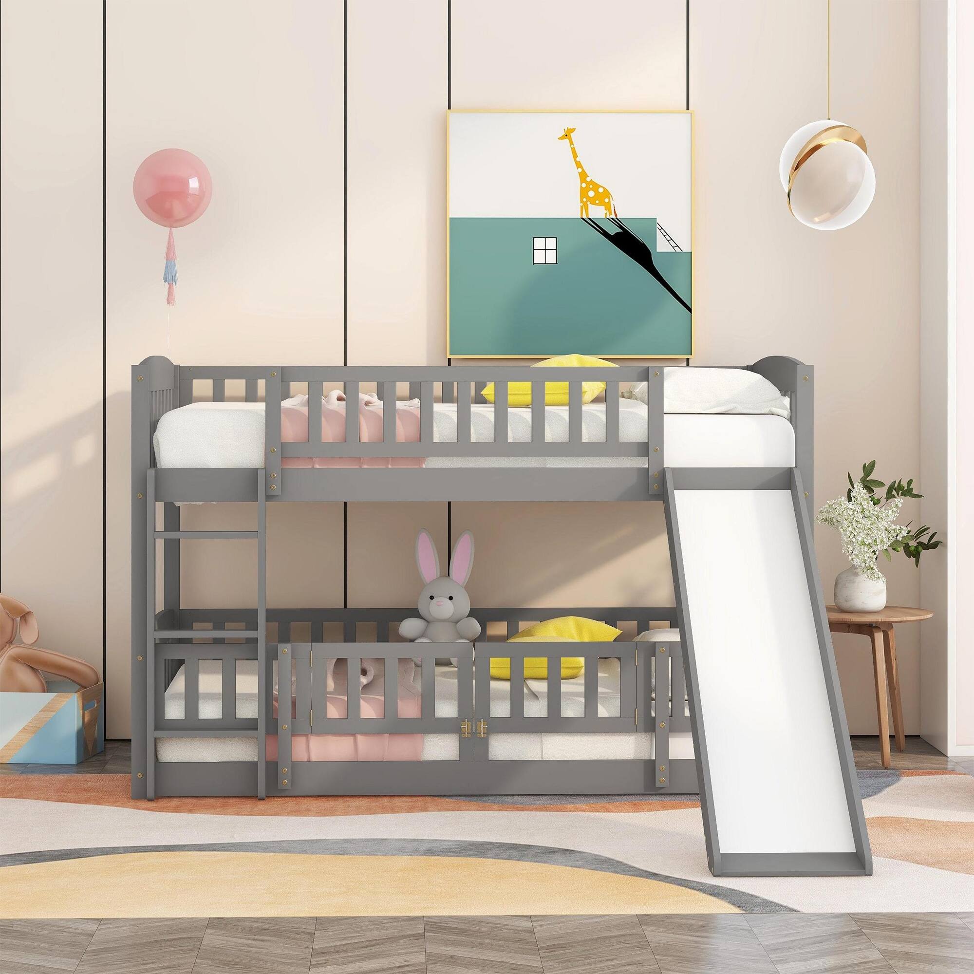 Angle. Aukfa - Bunk Bed with Slide,Twin Over Twin Low Bunk Bed with Fence and Ladder for Kids Teens - Gray.