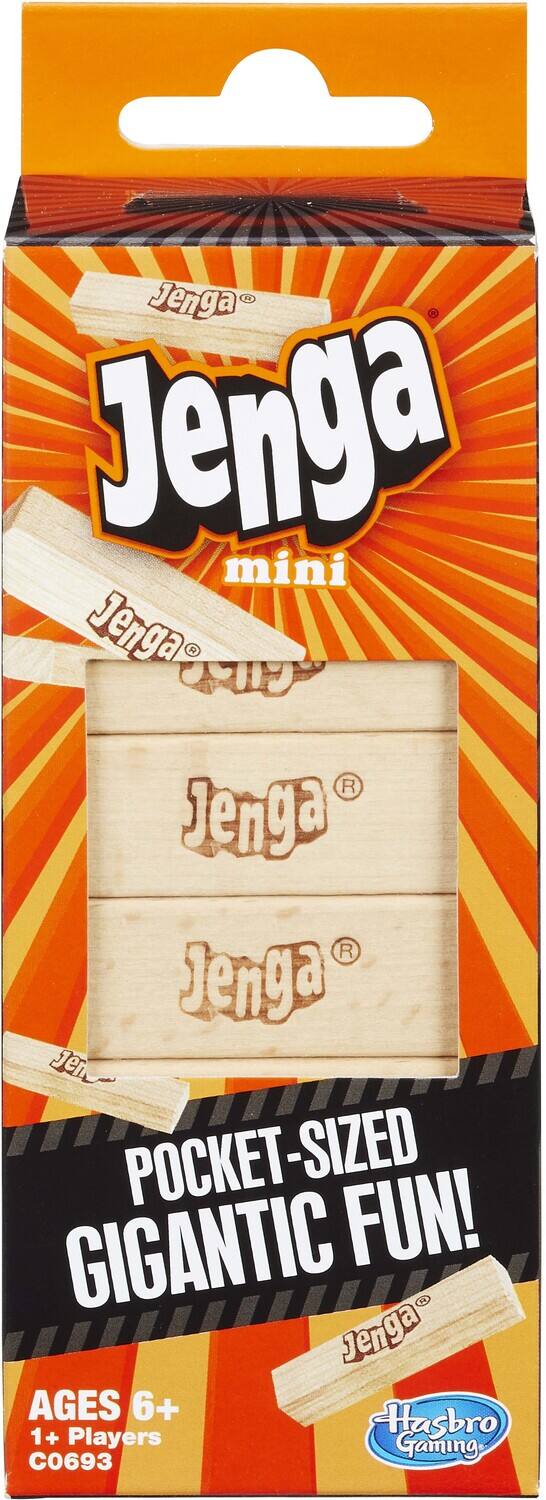 Jenga, Jenga mini, Jenga, Jenga, Jenga, POCKET-SIZED GIGANTIC FUN!, AGES 6+, 1+ Players, Hasbro Gaming, C0693