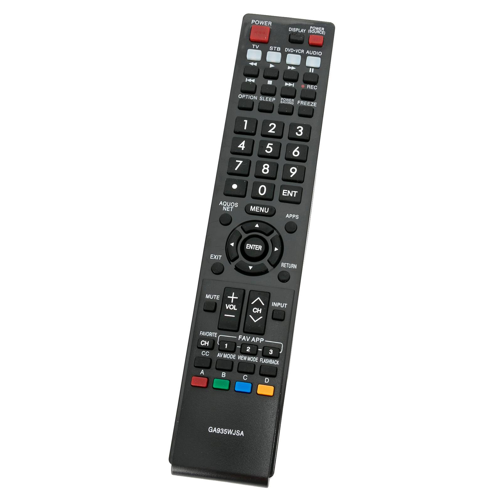 POWER DISPLAY COWER dduRoe TV STB DVD-VCR AUDIO  
I e - P REC OPTION SLEEP COSA FREEZE 1 2 3 4 5 6 7 8 9 0 ENT AQUOS NET MENU APPS EXIT ENTER RETURN MUTE + VOL CH INPUT FAVORITE FAV APP CH 1 2 - CC 3 AVMODE VIEW MODE FLASHBACK  
A D GA935WJSA