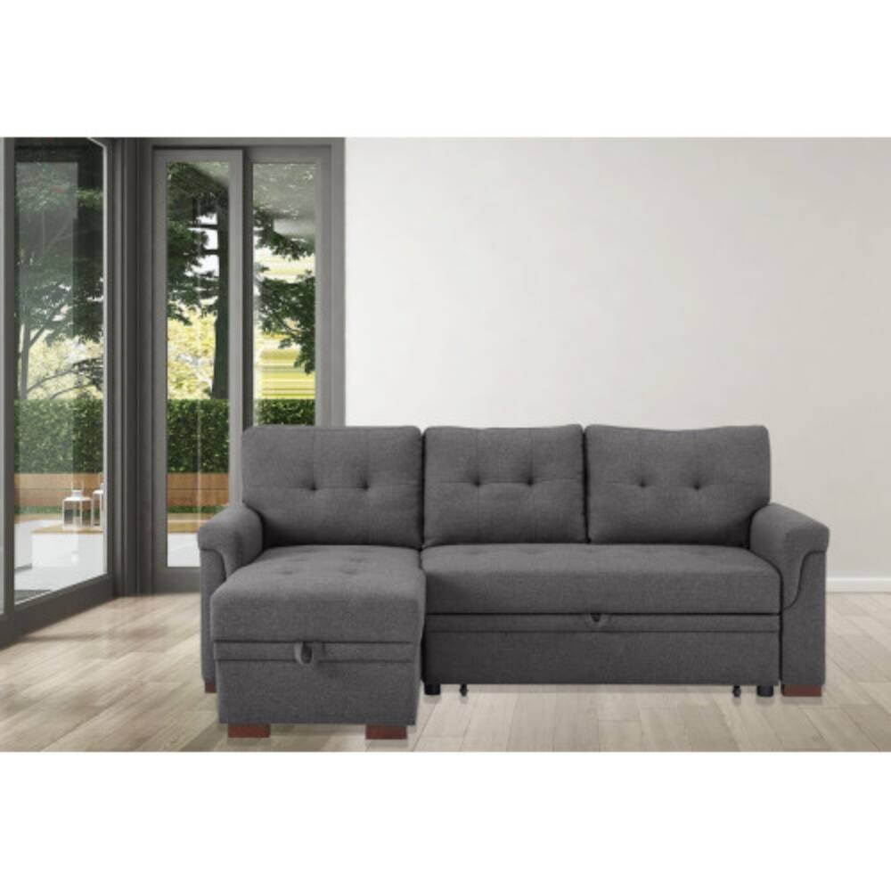 Left. LUCKY ONE - 84" Dark Gray Linen Reversible Sleeper Sectional Sofa with Storage Chaise, Pull-Out Bed, Tufted Cushions - Dark Gray.
