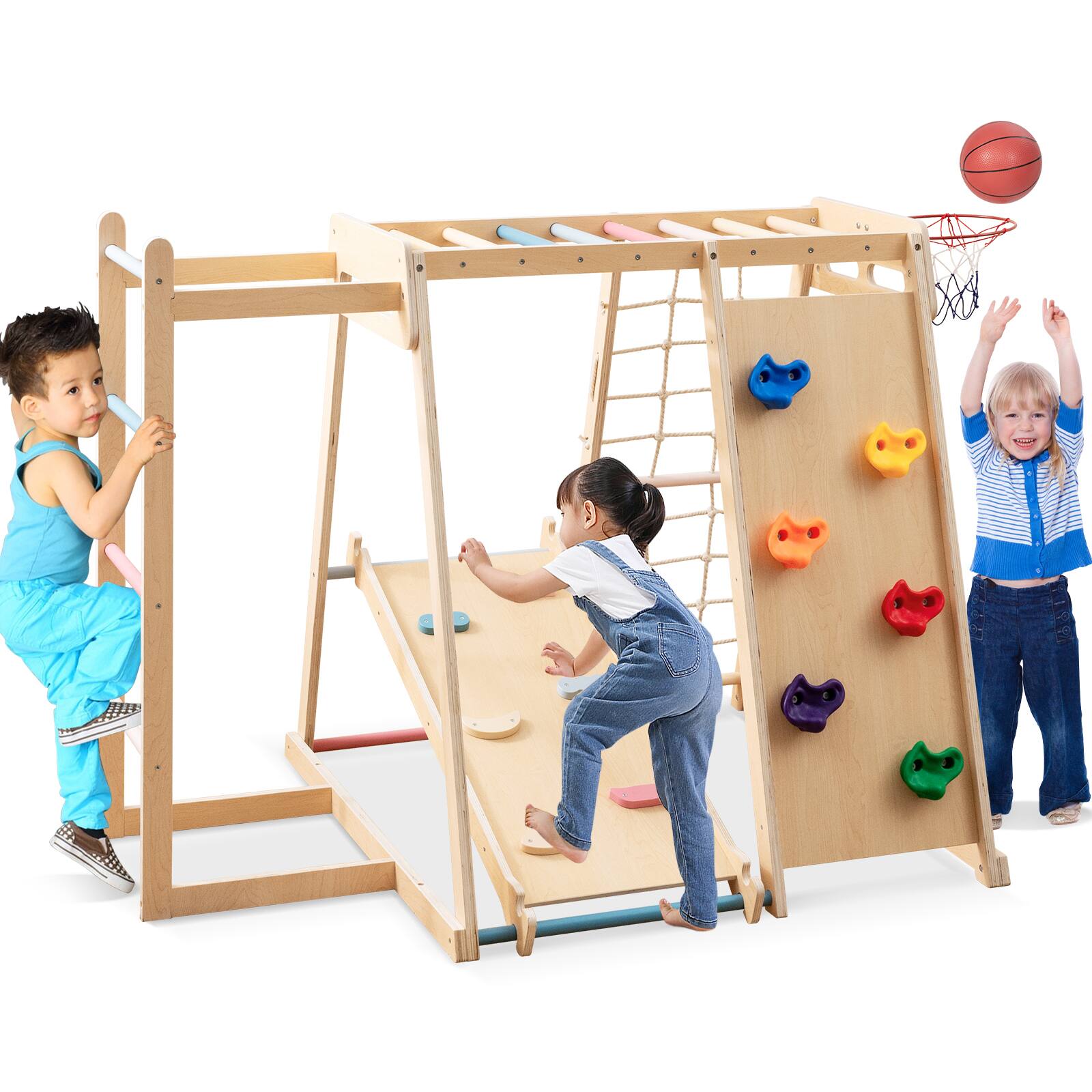 Gymax - 6-in-1 Jungle Gym w/Slide Rock Climbing Basketball Hoop Monkey Bar Rope Net - Macaron price history on PriceWatchPro