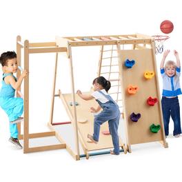Gymax - 6-in-1 Jungle Gym w/Slide Rock Climbing Basketball Hoop Monkey Bar Rope Net - Macaron