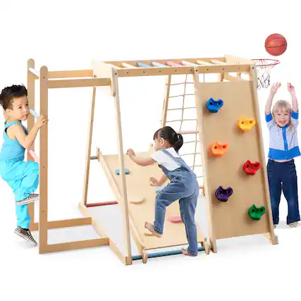 Front. Gymax - Gymax 6-in-1 Jungle Gym w/Slide Rock Climbing Basketball Hoop Monkey Bar Rope Net Macaron - Macaron.