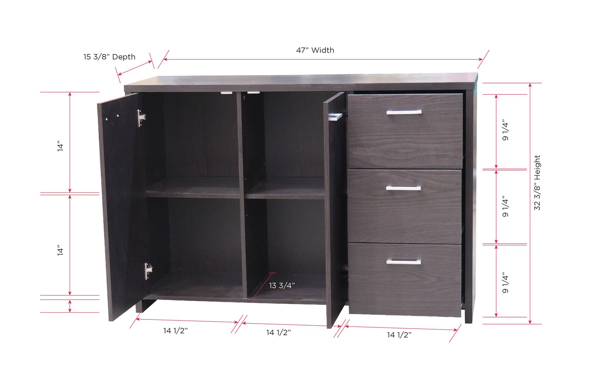 15 3/8" Depth  
47" Width  
14"  
9 1/4" Height  
32 3/8"  
13 3/4"  
14 1/2"