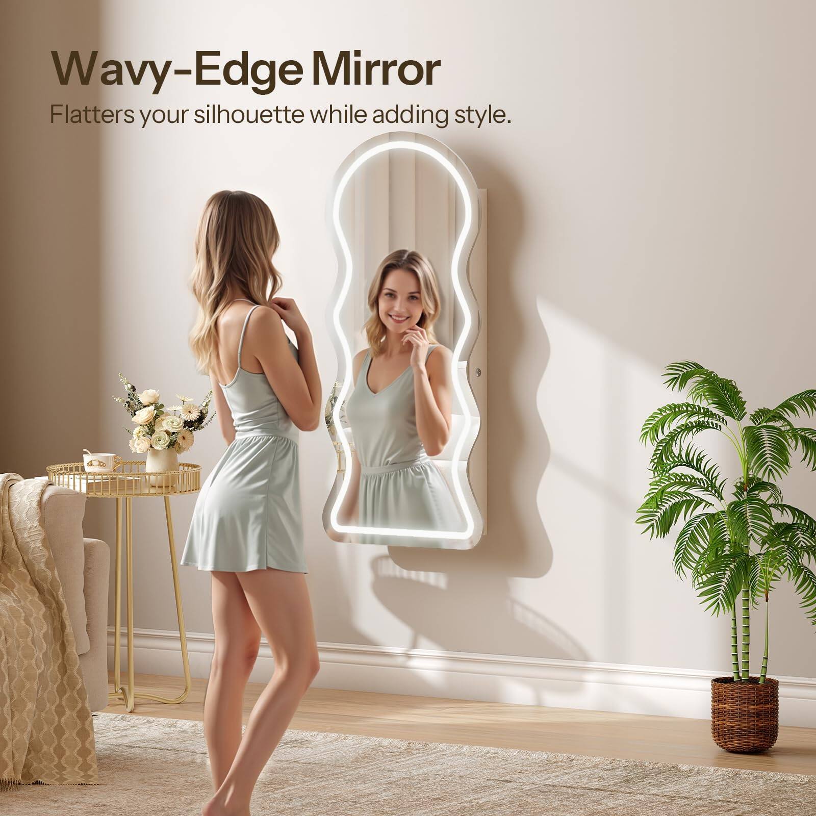 Wavy-Edge Mirror  
Flatters your silhouette while adding style.