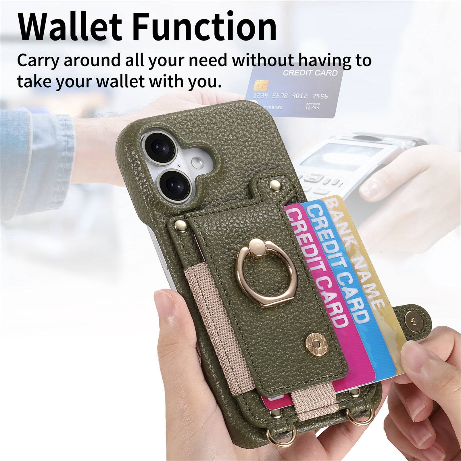 Wallet Function  
Carry around all your needs without having to take your wallet with you.  

CREDIT CARD  
1234 5678 9012 3456  
12/99  

BANK  
CREDIT CARD  
CREDIT CARD  
NAME
