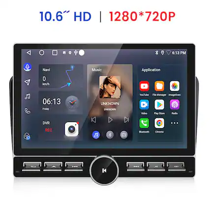 10.6" HD | 1280*720P
- Navi
- 0 km/h
- Music
- UNKNOWN
- UNKNOWN
- Application
- YouTube
- File Manager
- ImageScan
- Video
- Play Store
- Radio
- Bluetooth
- Chrome
- DVR REC
- MIC
- RST