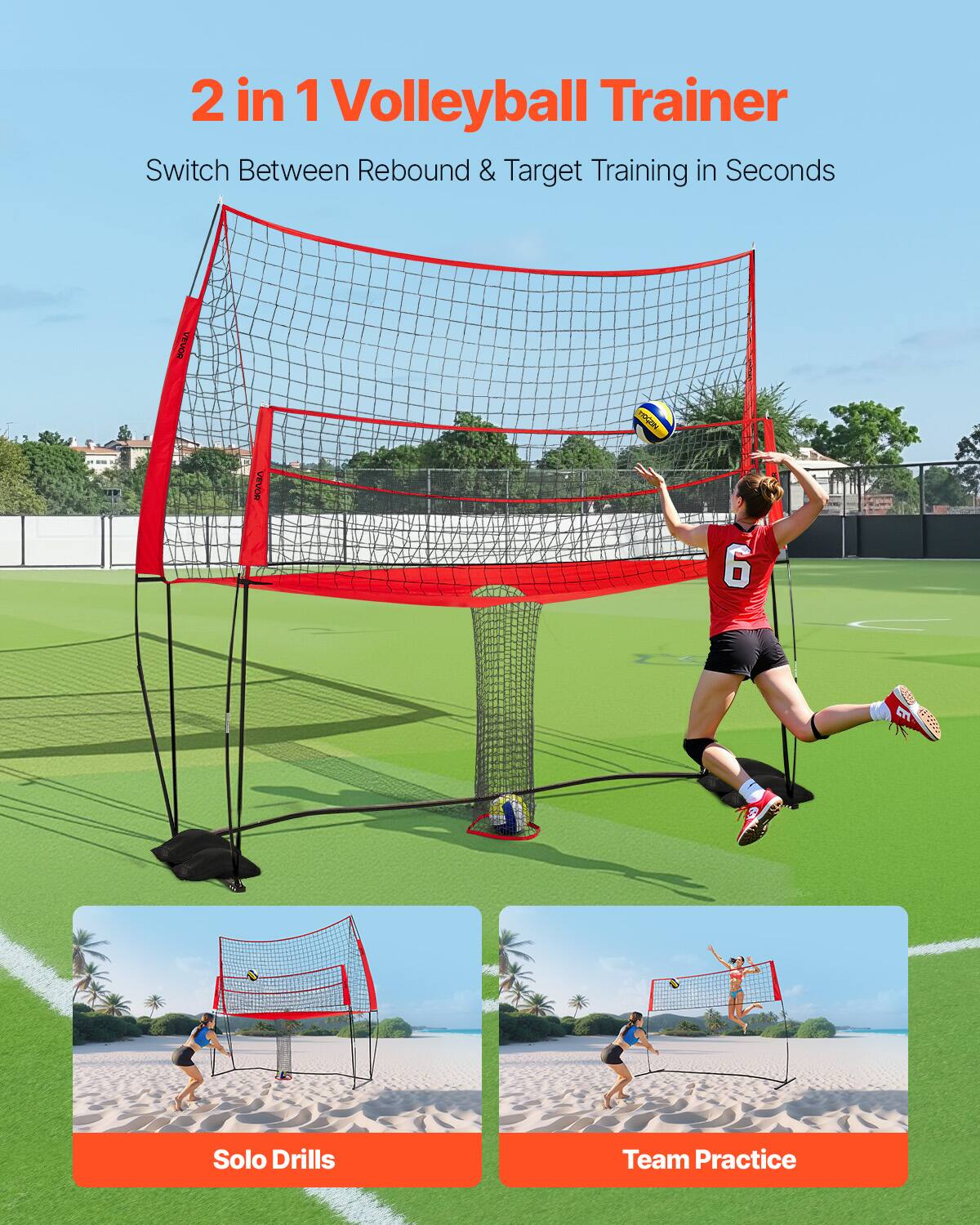 2 in 1 Volleyball Trainer  
Switch Between Rebound & Target Training in Seconds  

Solo Drills  
Team Practice