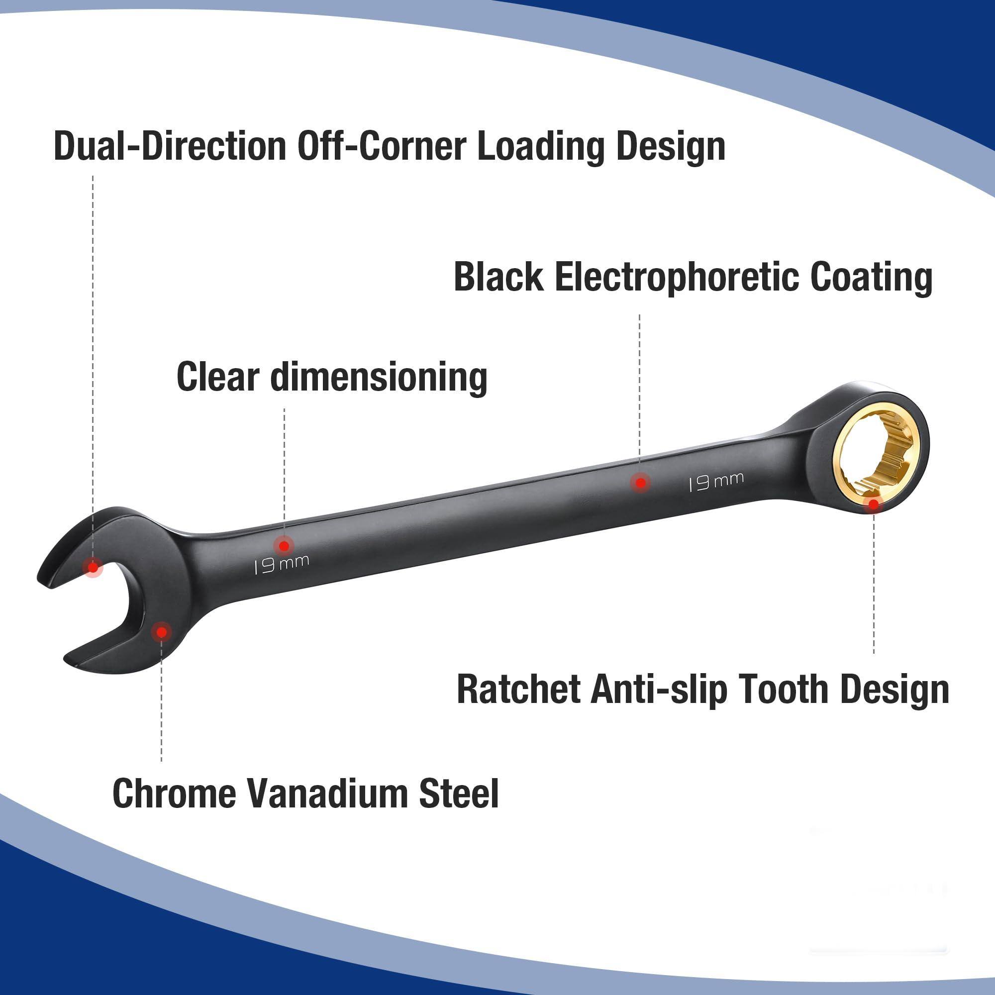 Dual-Direction Off-Corner Loading Design  
Black Electrophoretic Coating  
Clear dimensioning  
Ratchet Anti-slip Tooth Design  
Chrome Vanadium Steel
