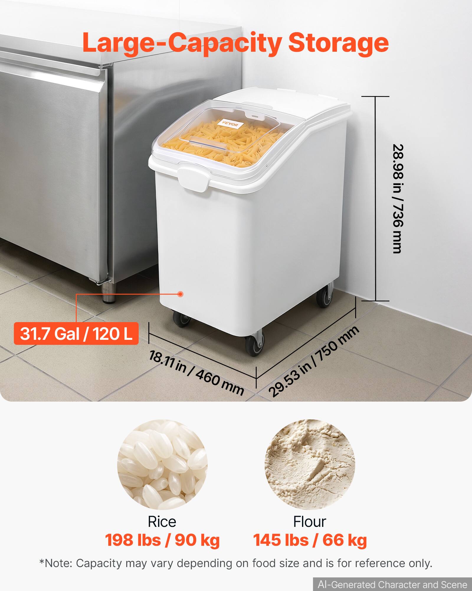 Large-Capacity Storage

VEVOR

28.98 in / 736 mm

31.7 Gal / 120 L

18.11 in / 460 mm

29.53 in / 750 mm

Rice: 198 lbs / 90 kg

Flour: 145 lbs / 66 kg

*Note: Capacity may vary depending on food size and is for reference only.

AI-Generated Character and Scene