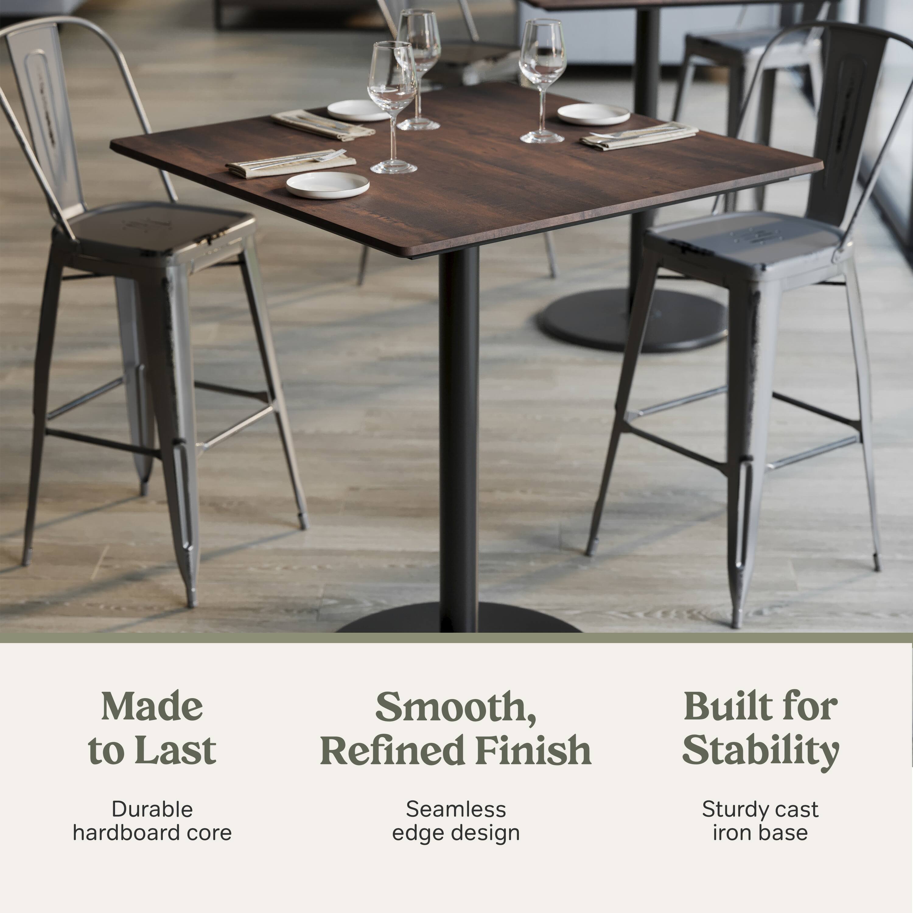 Made to Last  
Durable hardboard core  

Smooth, Refined Finish  
Seamless edge design  

Built for Stability  
Sturdy cast iron base