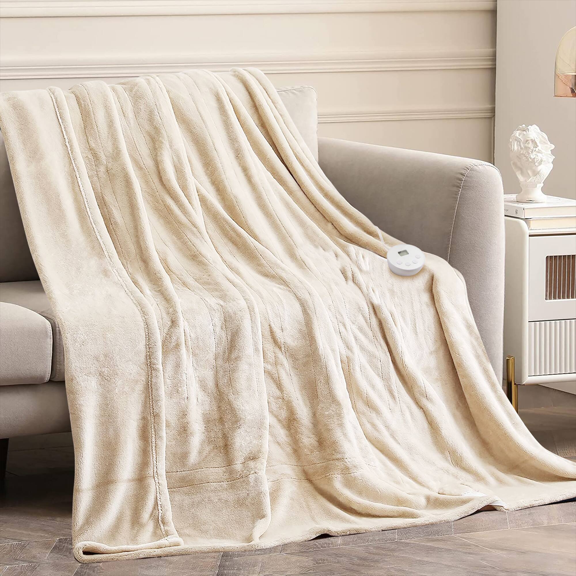 Front. Costway - 84'' x 90'' Flannel Heated Blanket  Throw with  Dual Controller - Beige.
