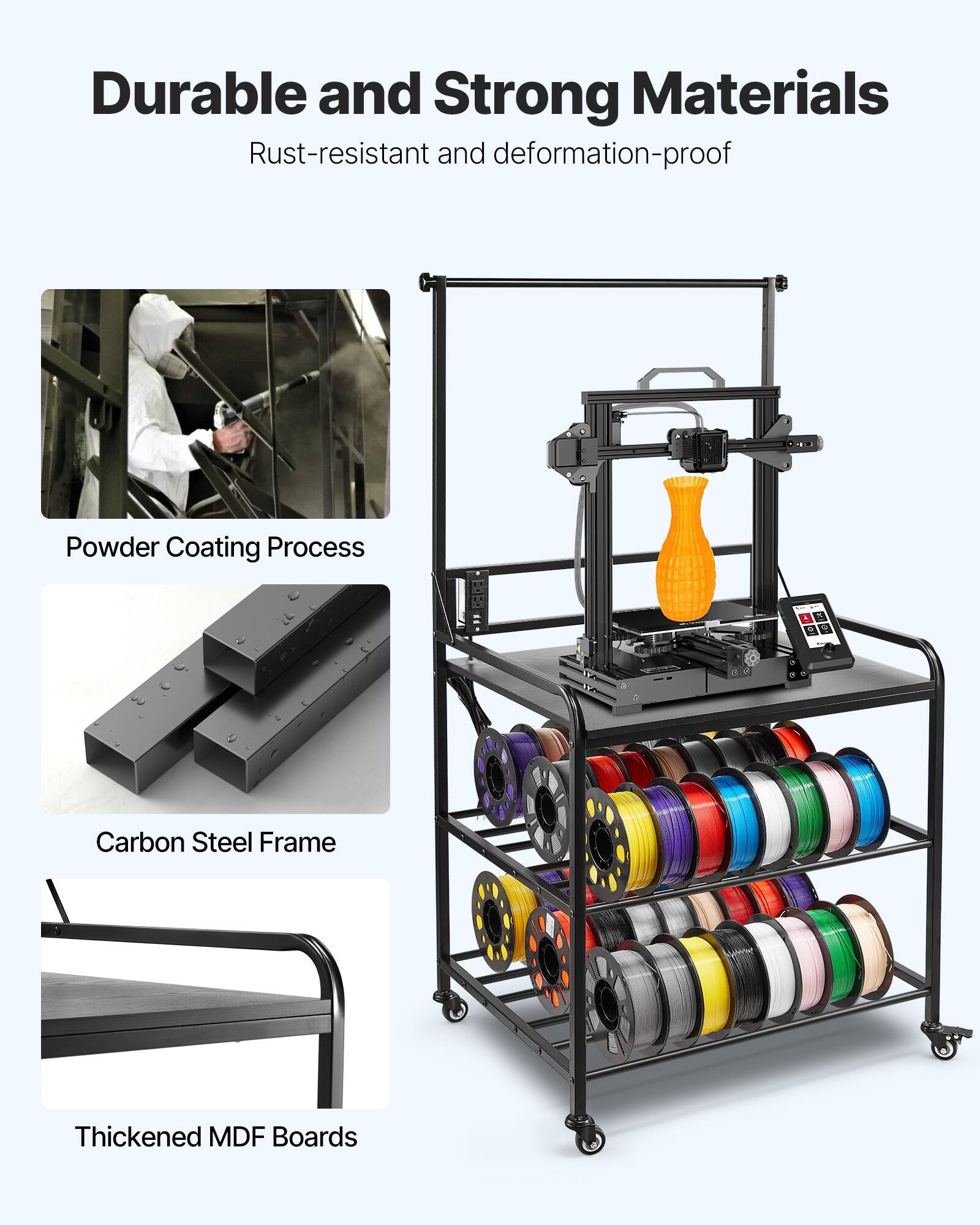 Durable and Strong Materials  
Rust-resistant and deformation-proof  

- Powder Coating Process  
- Carbon Steel Frame  
- Thickened MDF Boards