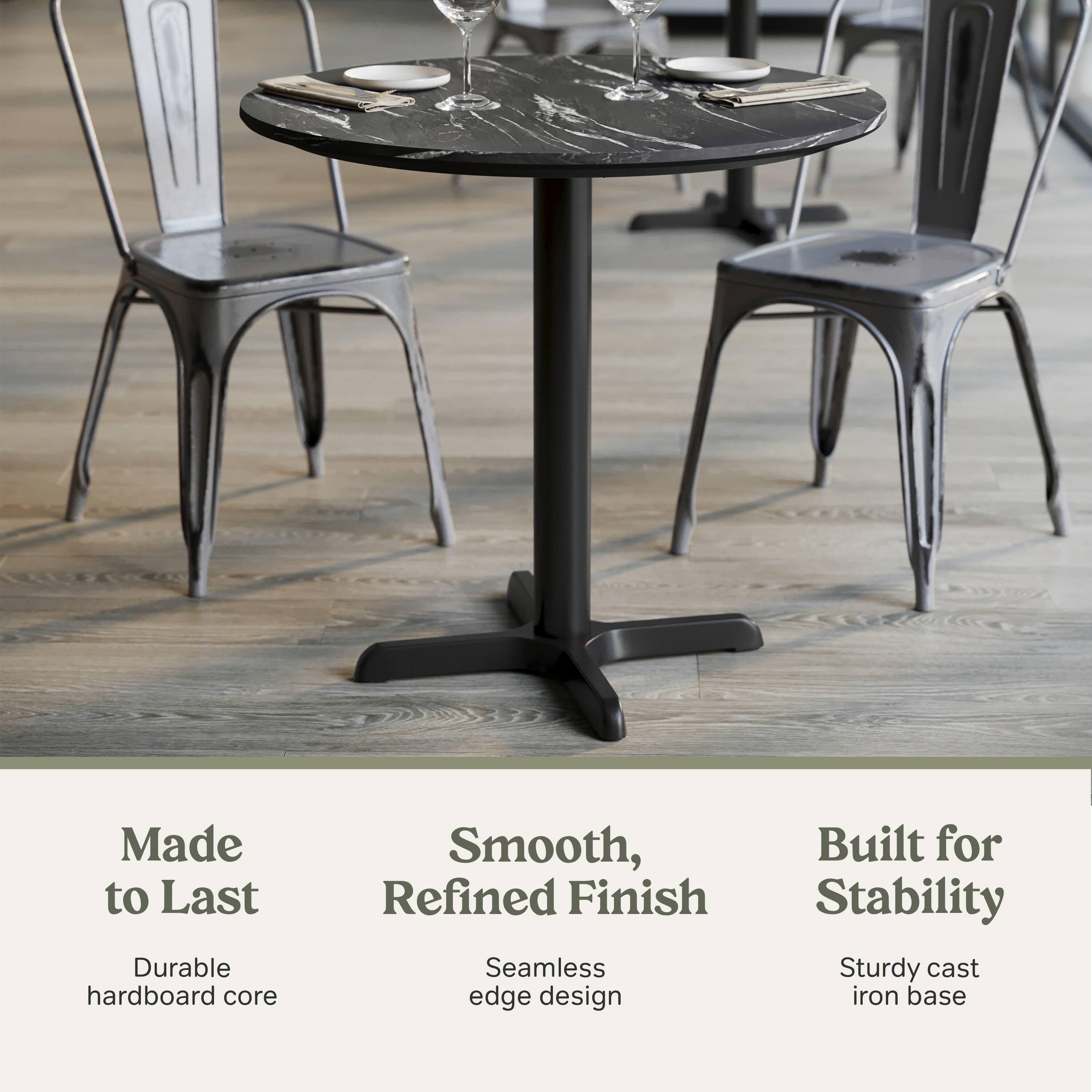 Made to Last  
Durable hardboard core  

Smooth, Refined Finish  
Seamless edge design  

Built for Stability  
Sturdy cast iron base