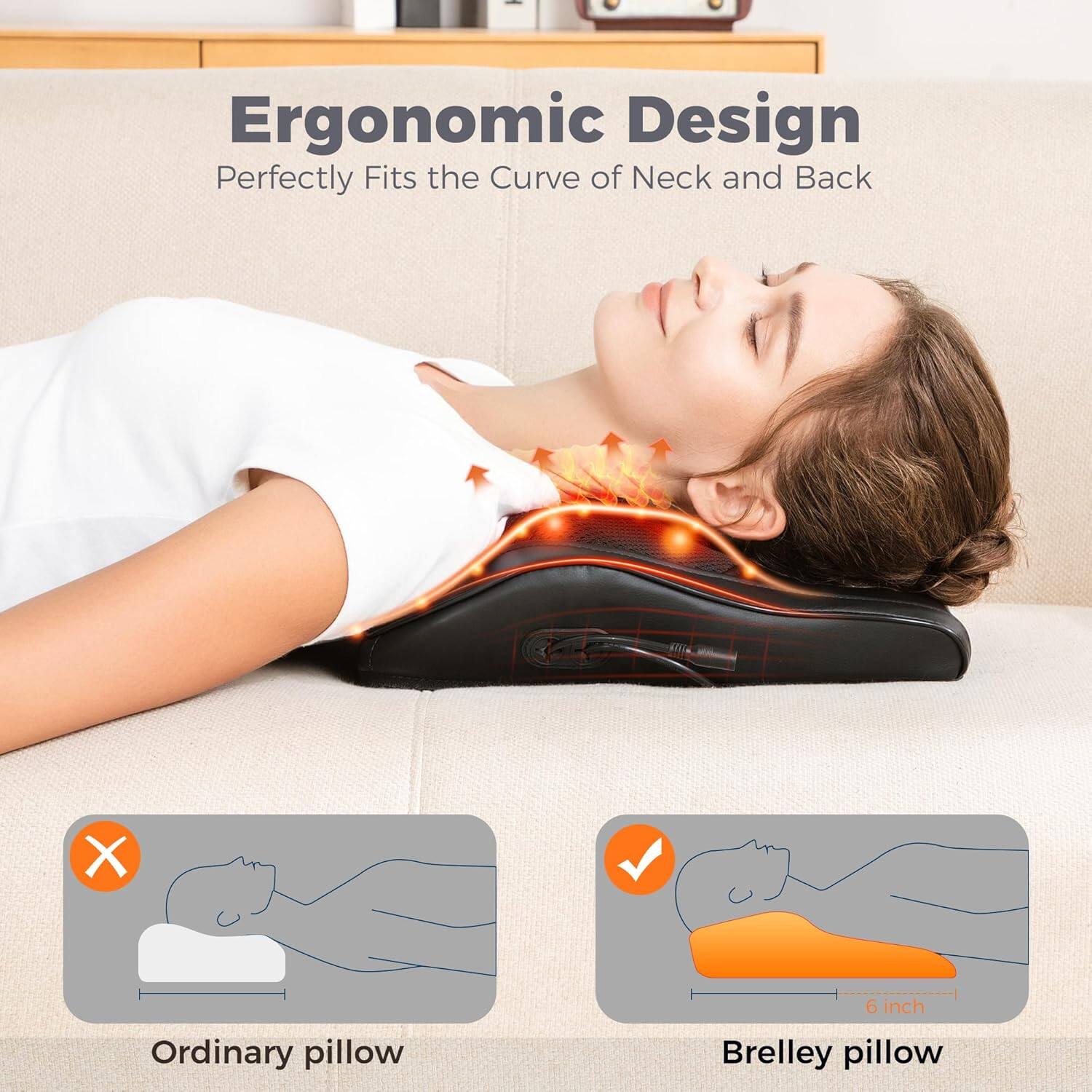 Ergonomic Design  
Perfectly Fits the Curve of Neck and Back  

Ordinary pillow  
6 inch Brelley pillow