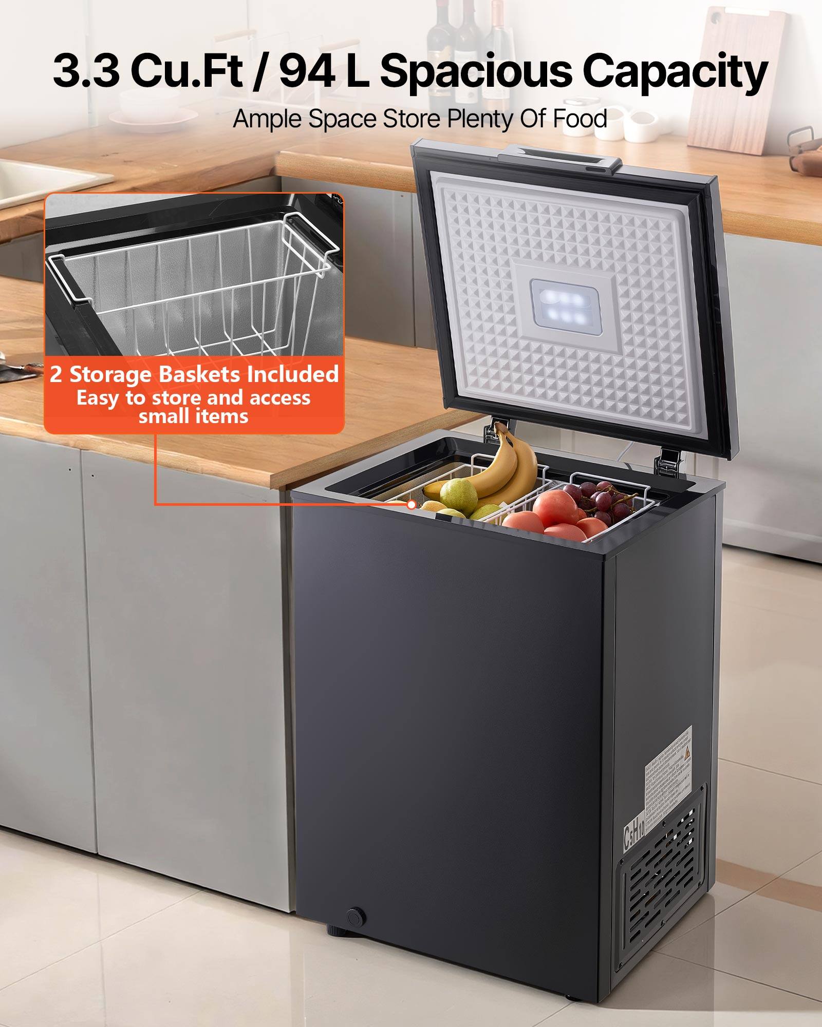 3.3 Cu.Ft / 94 L Spacious Capacity  
Ample Space Store Plenty Of Food  

2 Storage Baskets Included  
Easy to store and access small items