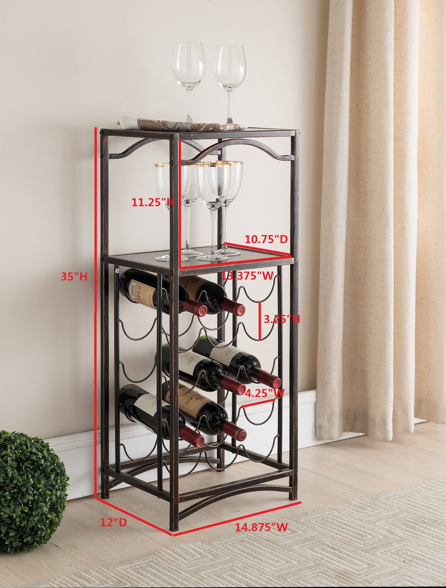 - Height: 35"
- Depth: 12"
- Width: 14.875"
- Top Shelf:
  - Height: 11.25"
  - Depth: 10.75"
  - Width: 13.375"
- Middle Shelf:
  - Height: 3.25"
  - Depth: 4.25"
- Bottom Shelf:
  - Height: 3.25"
  - Depth: 4.25"