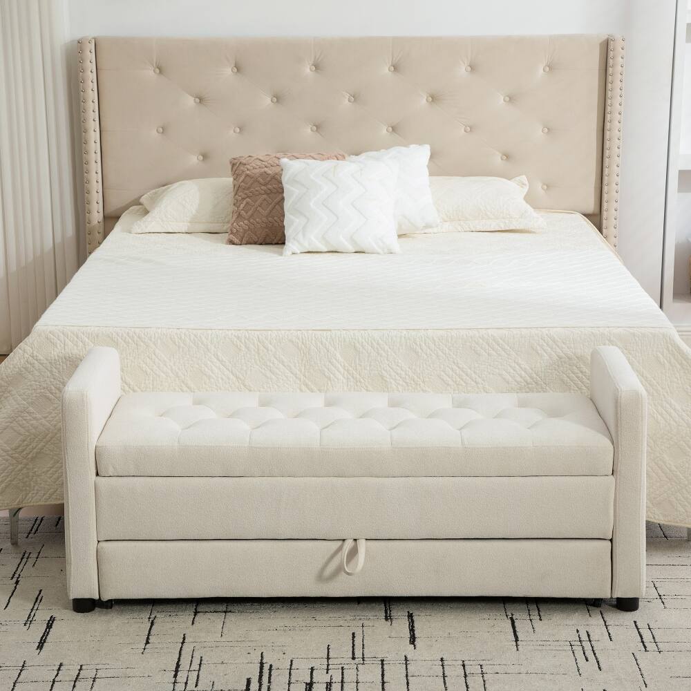 Left. Ropilly - Ropilly Modern Upholstered Storage Bench with Rolled Armrests Beige - Beige.