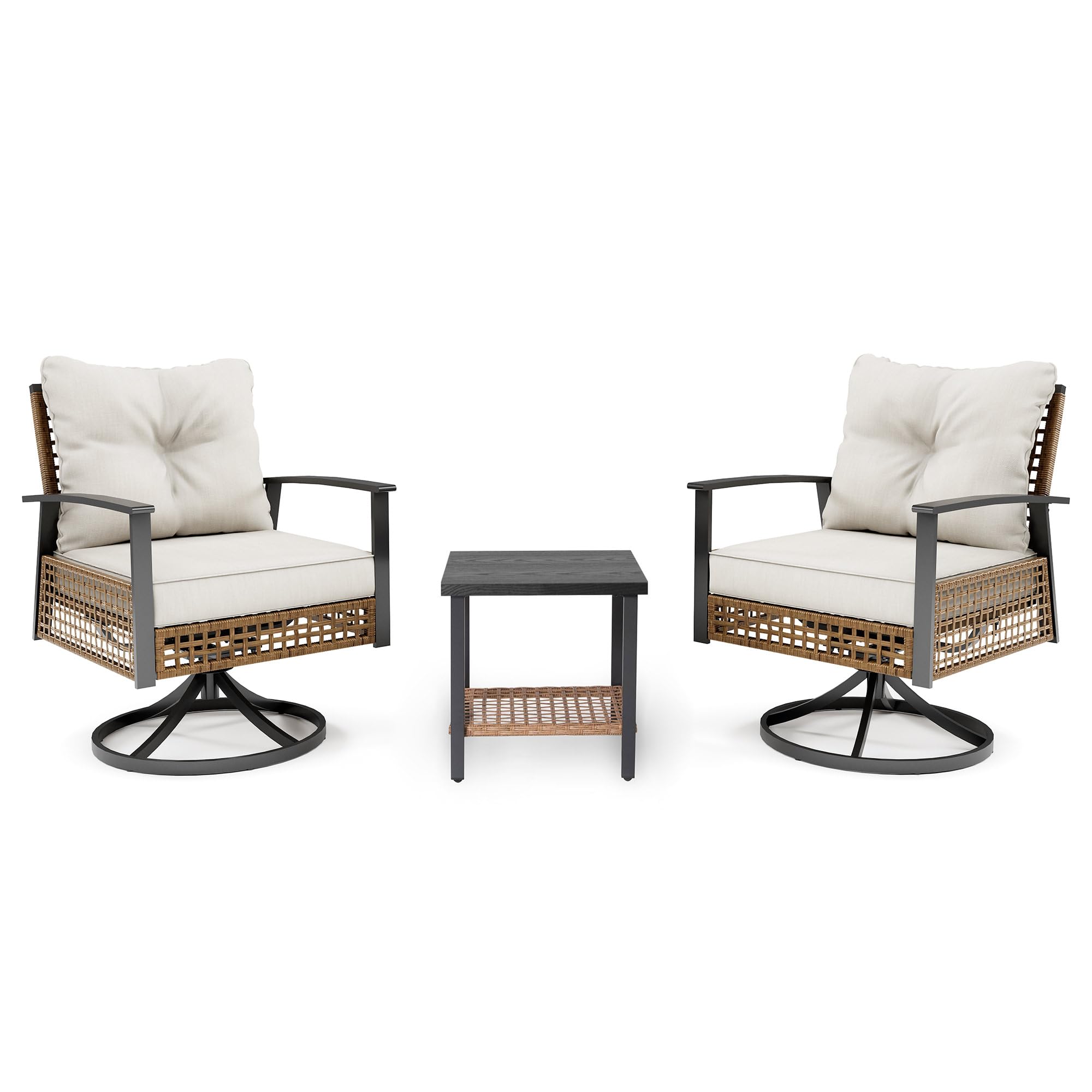 Front. Decksplore - 3-Piece Wicker Patio Bistro Set with Thick Cushions 2 Rocking Swivel Chairs Coffee Table for Backyard Porch - off-white.