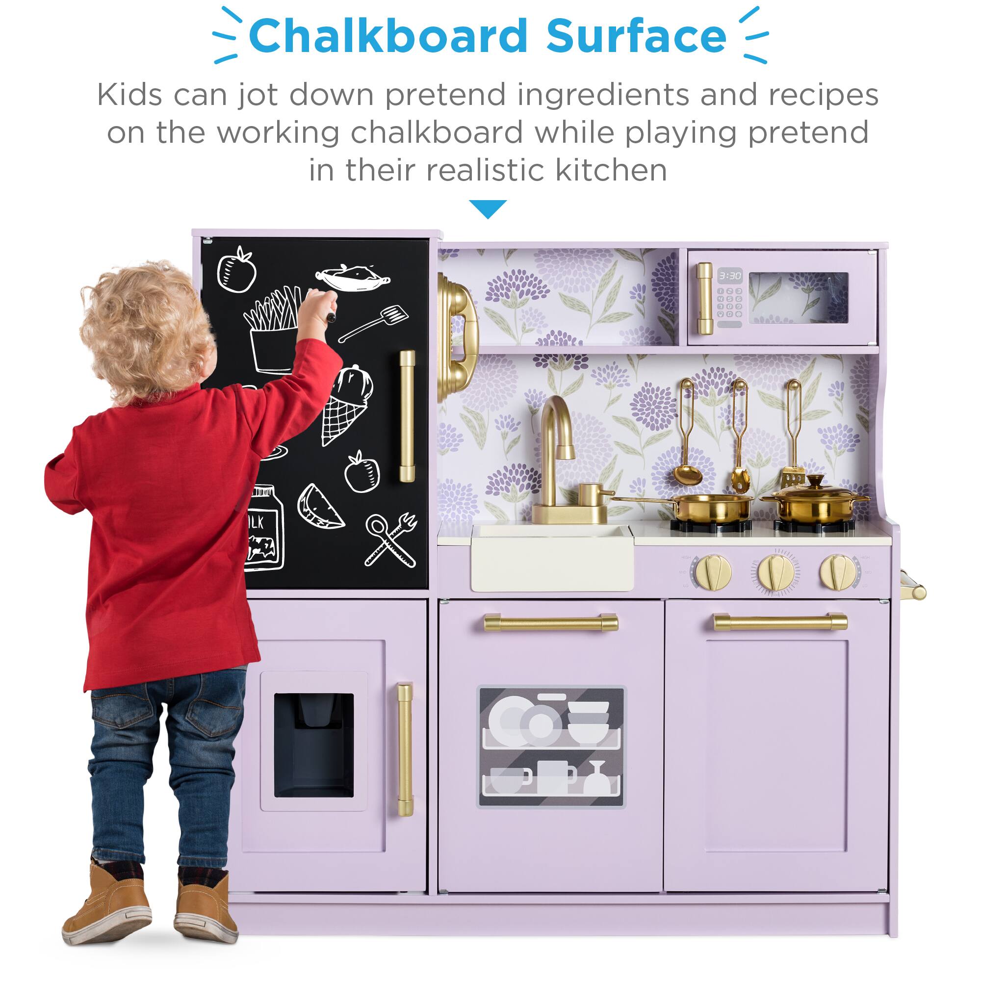 Chalkboard Surface  
Kids can jot down pretend ingredients and recipes on the working chalkboard while playing pretend in their realistic kitchen