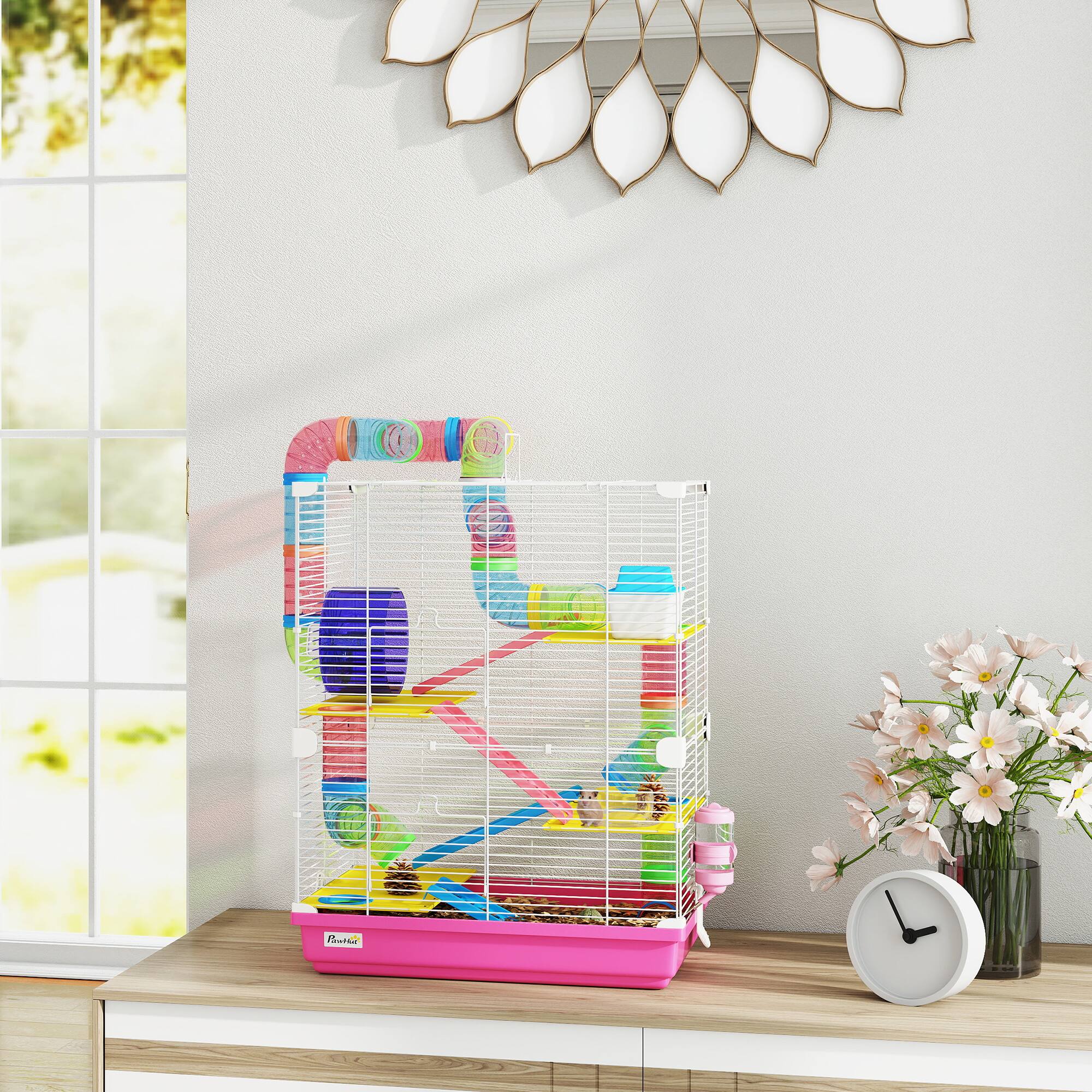 Alt View 1. Pawhut - Tiers Hamster Cage Portable Animal Travel Carrier w/ Exercise Wheels Tube - Pink.