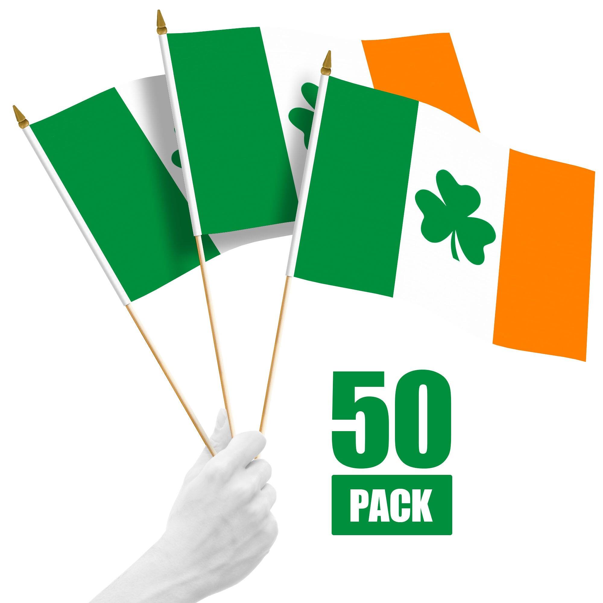 G128 - 50 Pack Handheld Ireland Shamrock Stick Flags 12 x 18 in - Assorted Colors