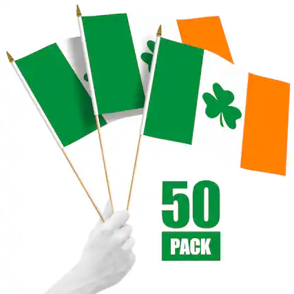 Front. G128 - 50 Pack Handheld Ireland Shamrock Stick Flags 12 x 18 in - Assorted Colors.