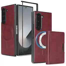 Dteck - 2-in-1 Magnetic Wallet Case for Samsung Galaxy Z Fold6, Shockproof PU Leather Cover with Detachable 7-Card Holder - Winered