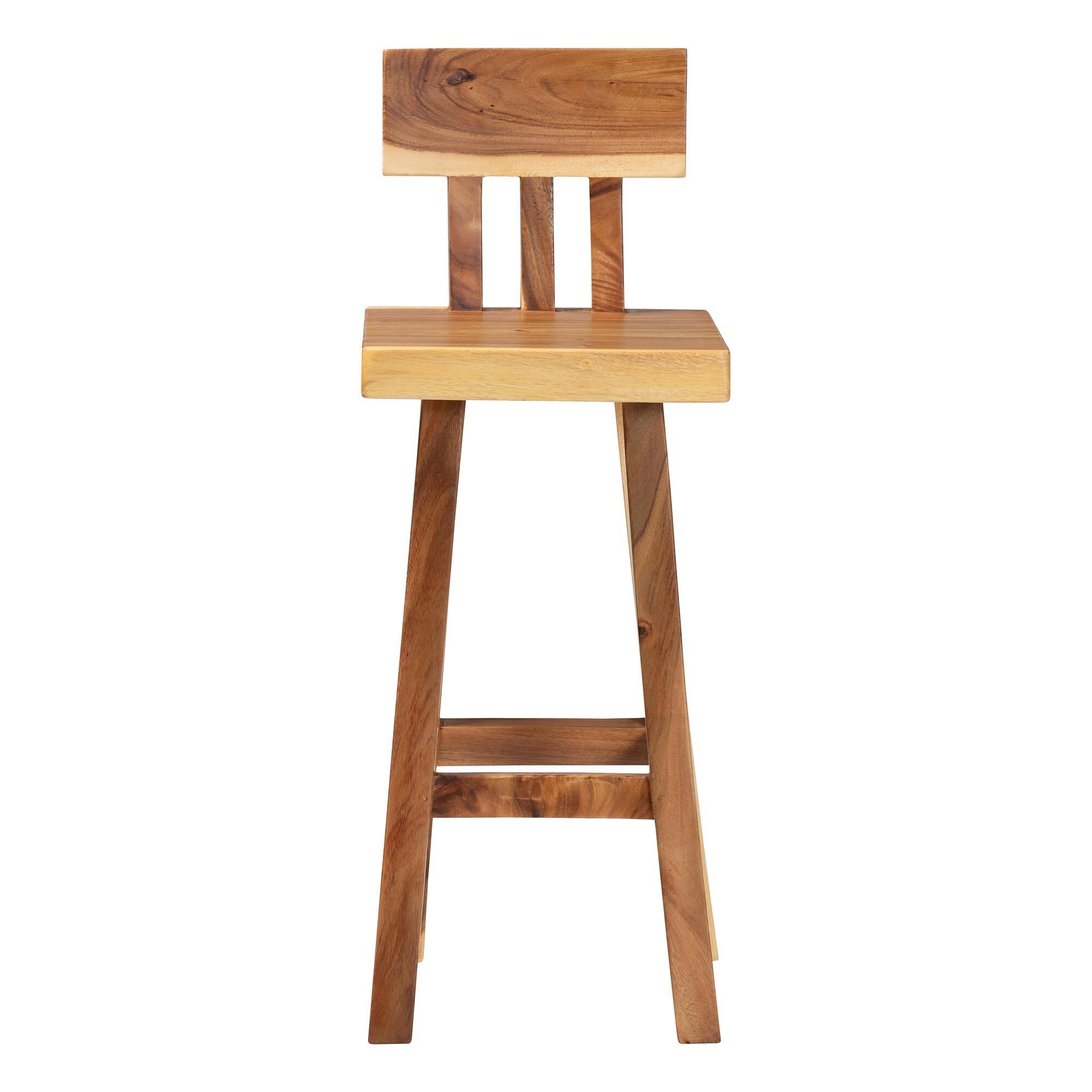 Angle. bali & pari - Luli Suar Wood Bar Stool - Handcrafted Solid Wood Stool with Backrest, Rustic Modern Seating for Kitchen or Bar Area - Natural Brown.