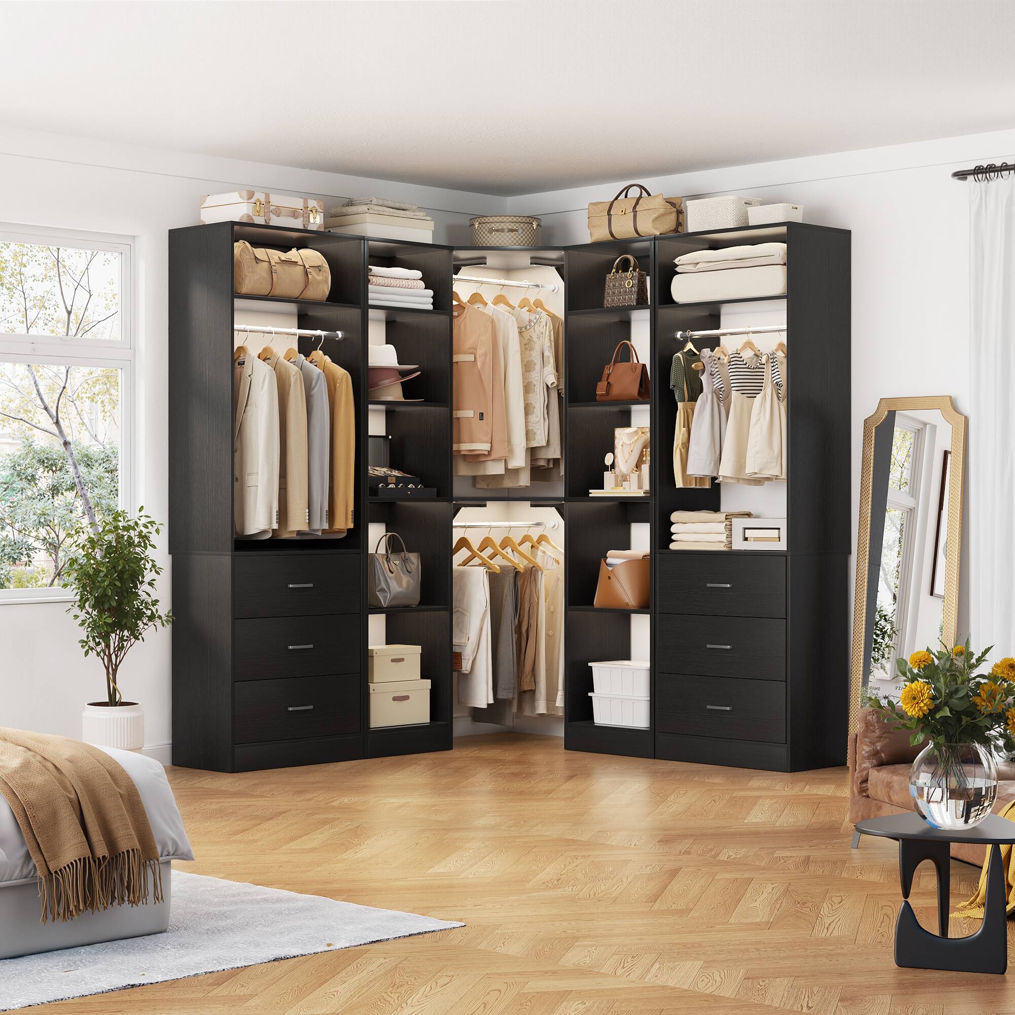 Angle. Aheaplus - Reversible L Shaped Corner Walk-in Closet System - 6 Drawers, 20+ Shelves, 4 Hanging Rods, 2500+LBS Load,63.2"L-87.2"L. - Black.