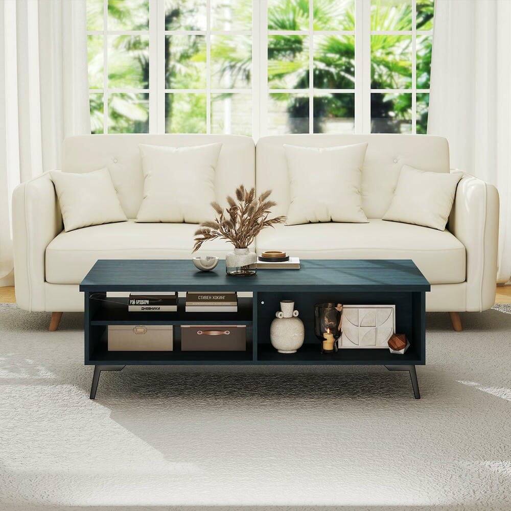 Angle. Kadyn - Mid-Century Modern 2-Tier Coffee Table with Storage Shelves, Blue Finish - Blue.