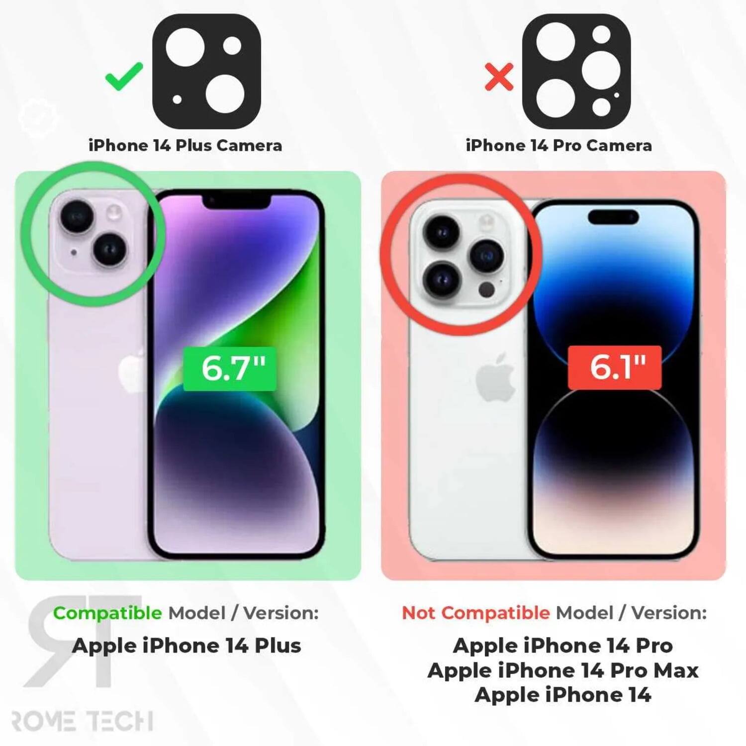 iPhone 14 Plus Camera  
6.7"  
Compatible Model / Version: Apple iPhone 14 Plus  

iPhone 14 Pro Camera  
6.1"  
Not Compatible Model / Version: Apple iPhone 14 Pro, Apple iPhone 14 Pro Max, Apple iPhone 14