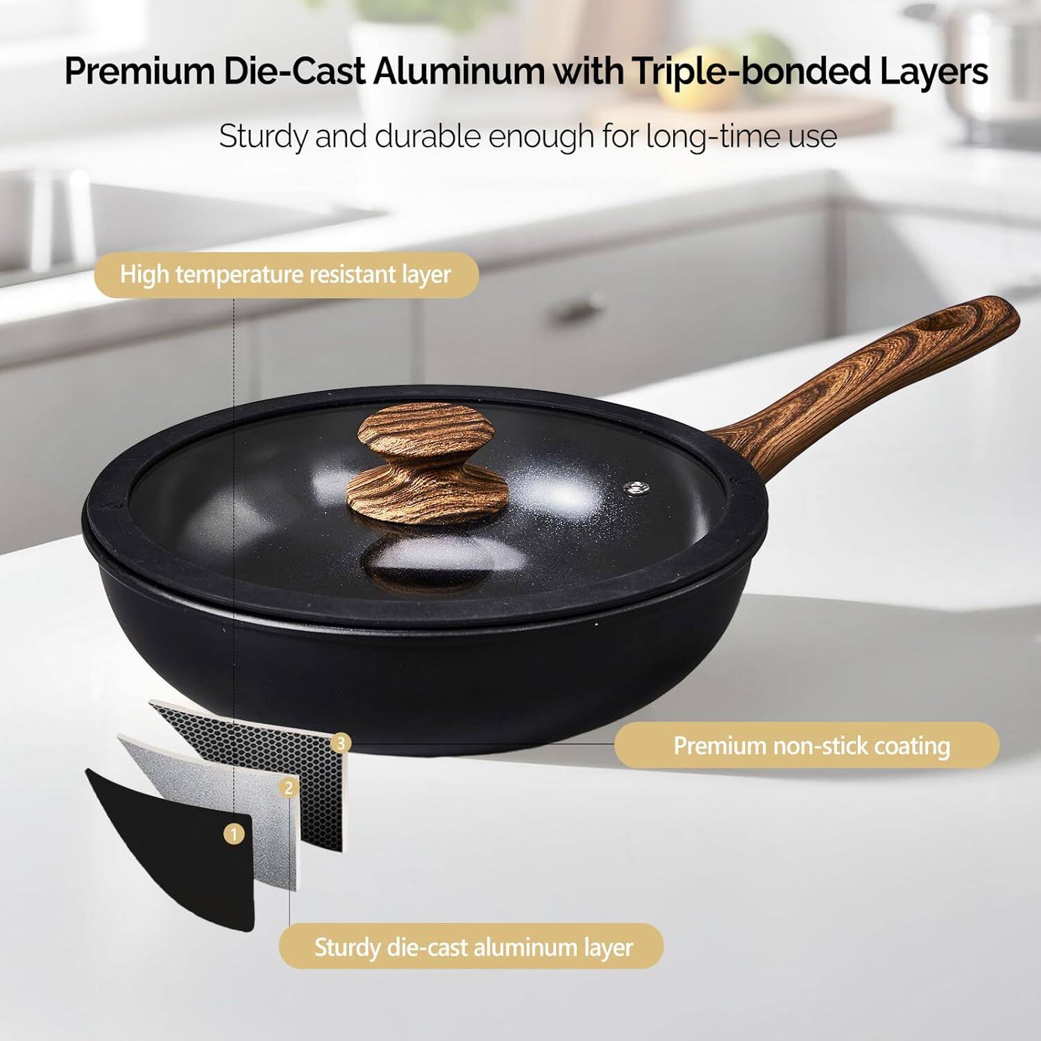 Premium Die-Cast Aluminum with Triple-bonded Layers

Sturdy and durable enough for long-time use

1. Sturdy die-cast aluminum layer
2. High temperature resistant layer
3. Premium non-stick coating