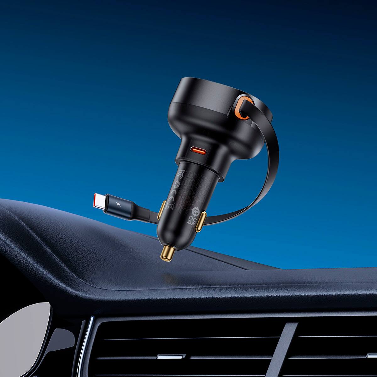 Alt View 17. Baseus - Enjoyment Pro 60W USB-C Port Fast Car Charger 12-24V with retractable Type-C cable Black - Black.