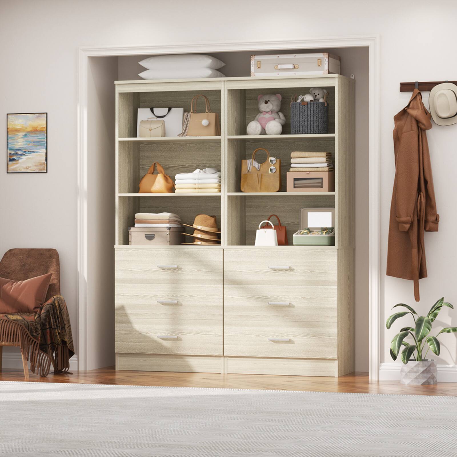 Angle. Aheaplus - 71'' Tall Pantry Cabinet, Freestanding Kitchen Storage Cabinet with 3 Drawers and Shelves, 2 Pack - Beige Oak.