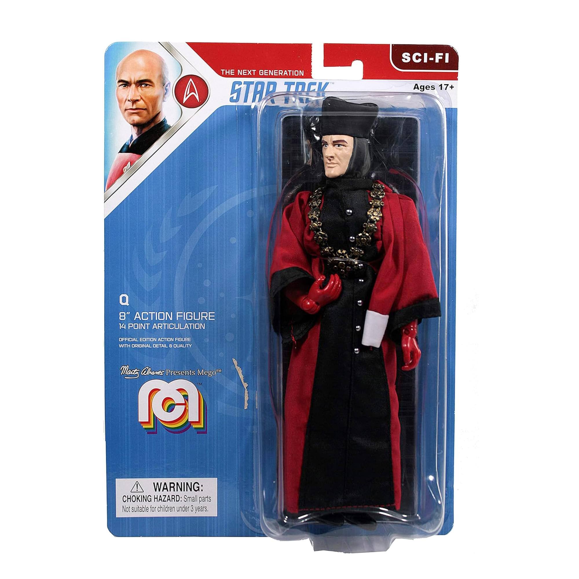 A: THE NEXT GENERATION STAR TREK SCI-FI Ages 17+  
Q: 8" ACTION FIGURE 14 POINT ARTICULATION OFFICIAL EDITION ACTION FIGURE WITH ORIGINAL DETAIL & QUALITY  
a: DUALITY Mert thanes Presents Mego"  
WARNING: CHOKING HAZARD: Small parts Not suitable for children under 3 years.